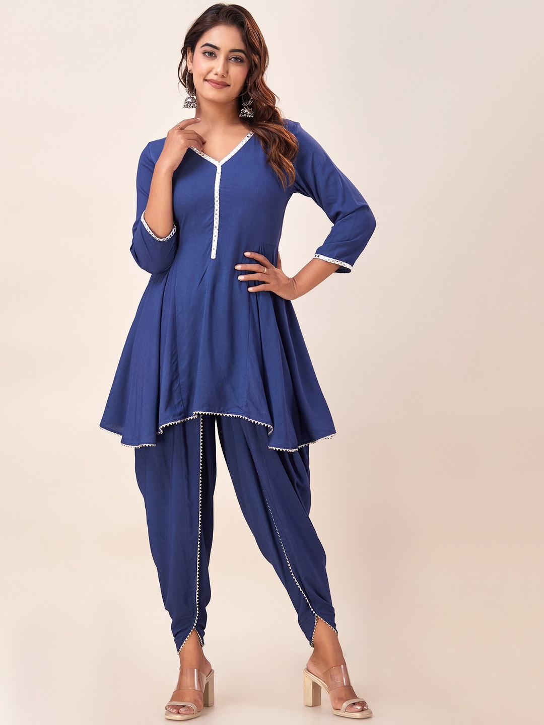 

SVARCHI V-Neck A-Line Kurta With Dhoti Pants, Blue