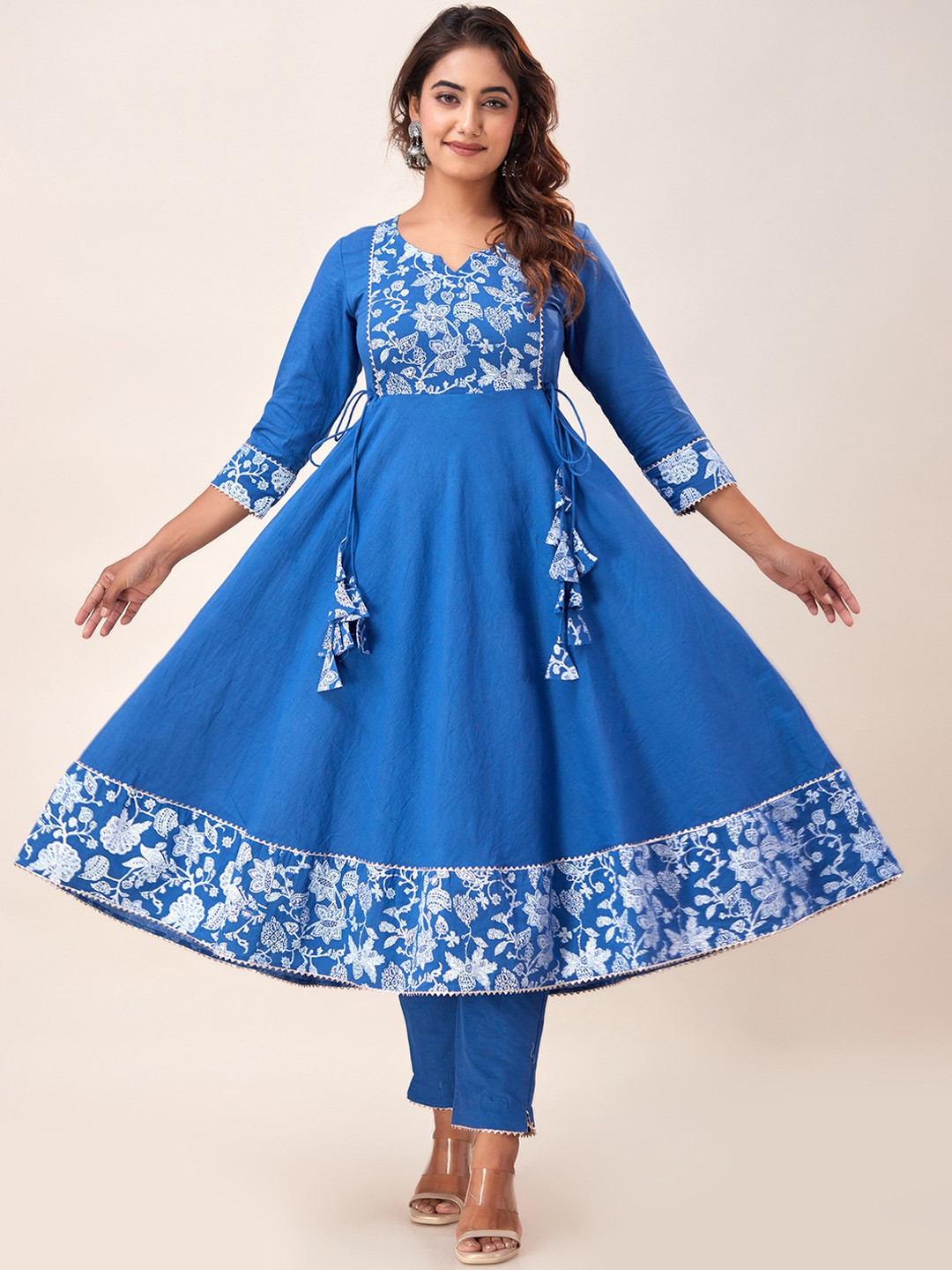 

SVARCHI Floral Yoke Design Gotta Patti Pure Cotton Anarkali Kurta, Blue