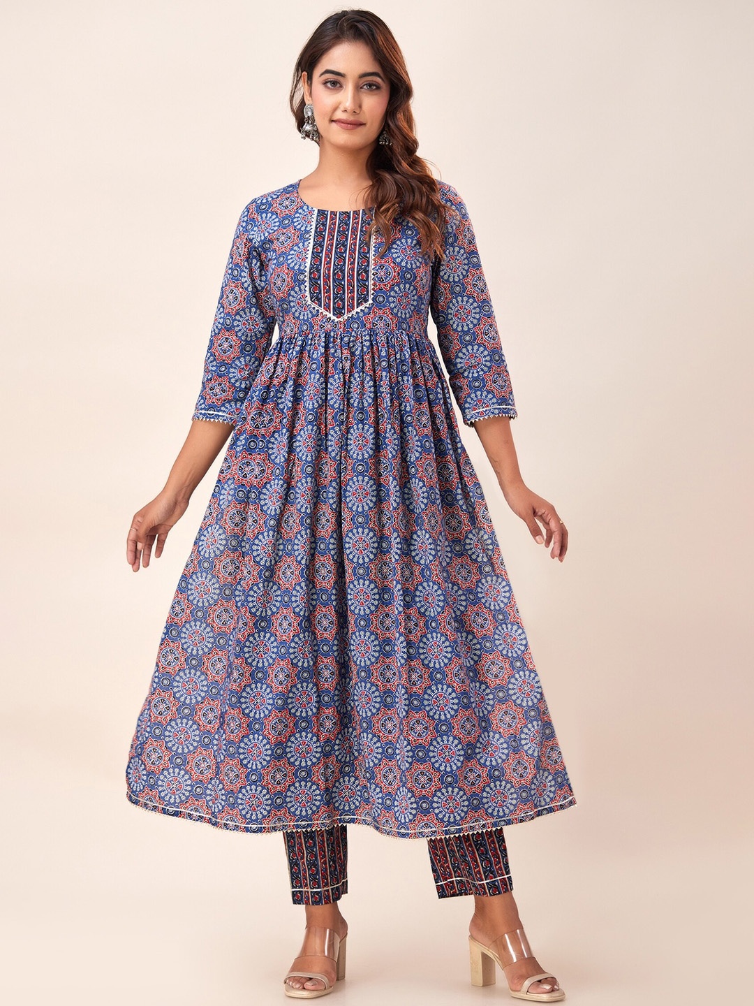 

SVARCHI Ethnic Motifs Printed Gotta Patti Detailed Pleated Cotton Anarkali Kurta, Blue