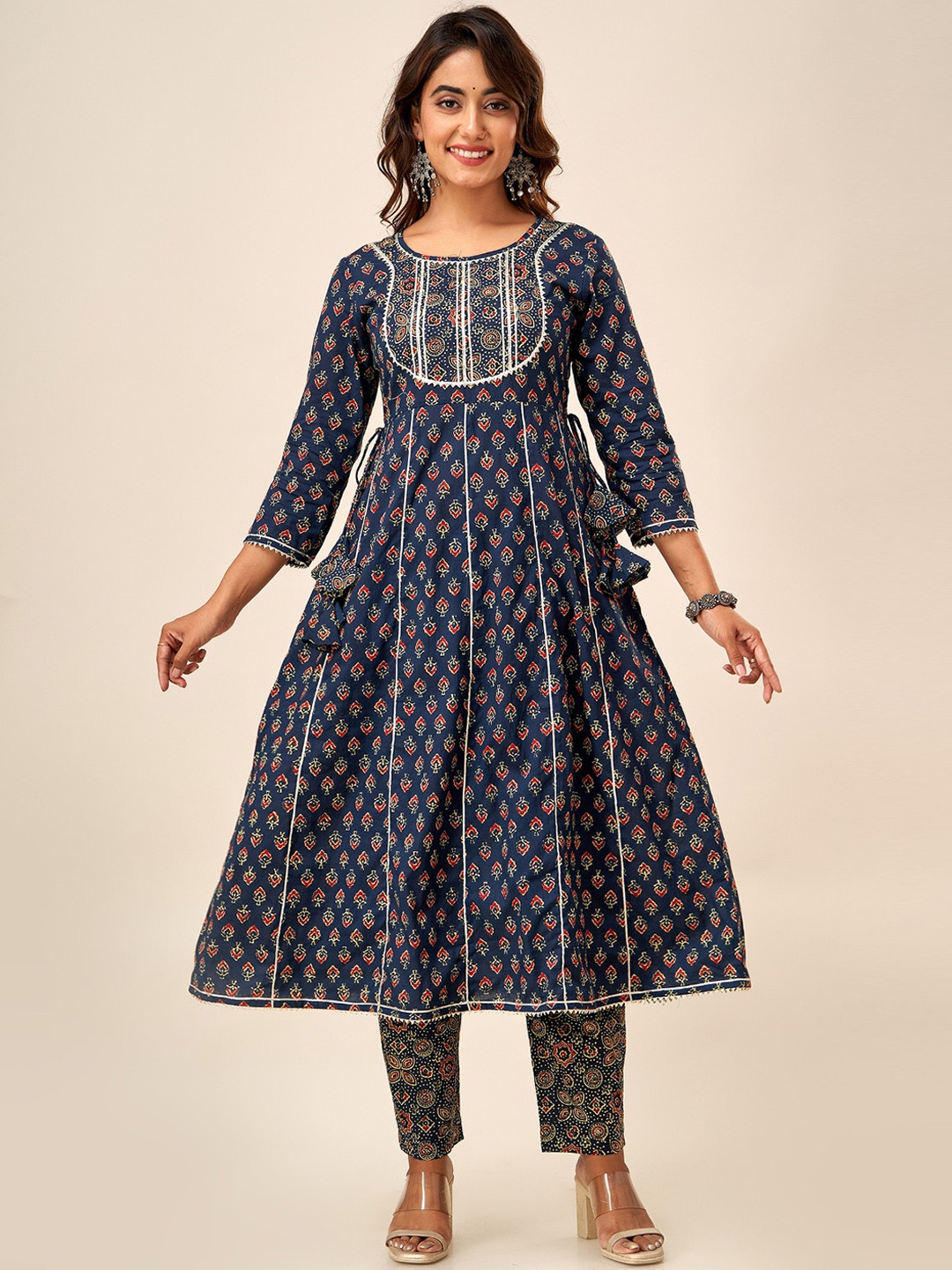 

SVARCHI Women Blue Ethnic Motifs Printed Regular Gotta Patti Pure Cotton Kurta with Trousers