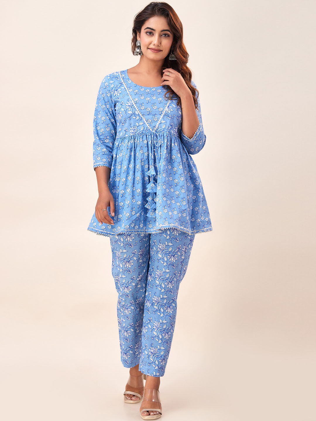 

SVARCHI Ethnic Motifs Printed Pure Cotton A-Line Kurta, Blue
