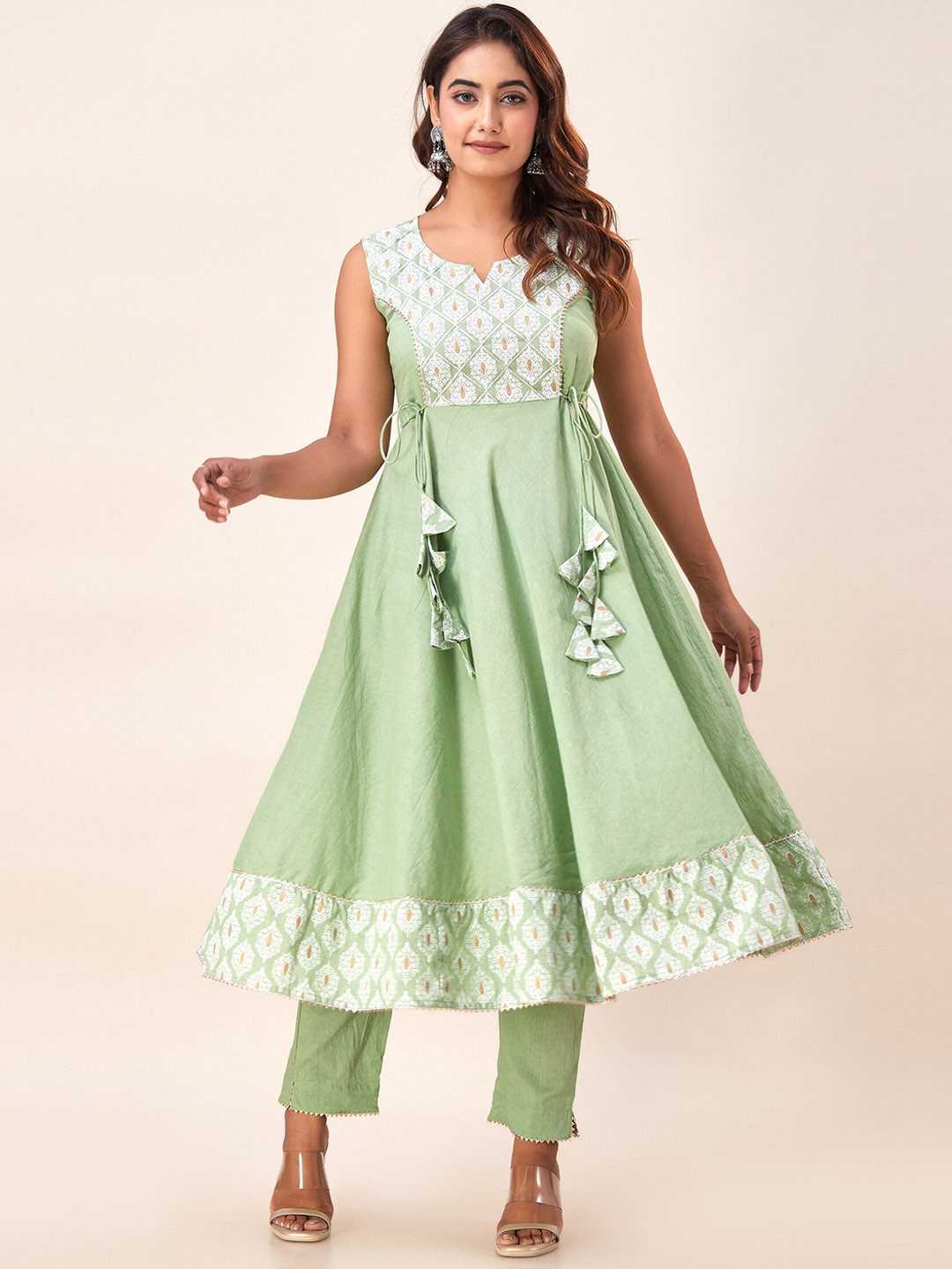 

SVARCHI Ethnic Motifs Yoke Design Gotta Patti Pure Cotton Anarkali Kurta With Trouser, Green