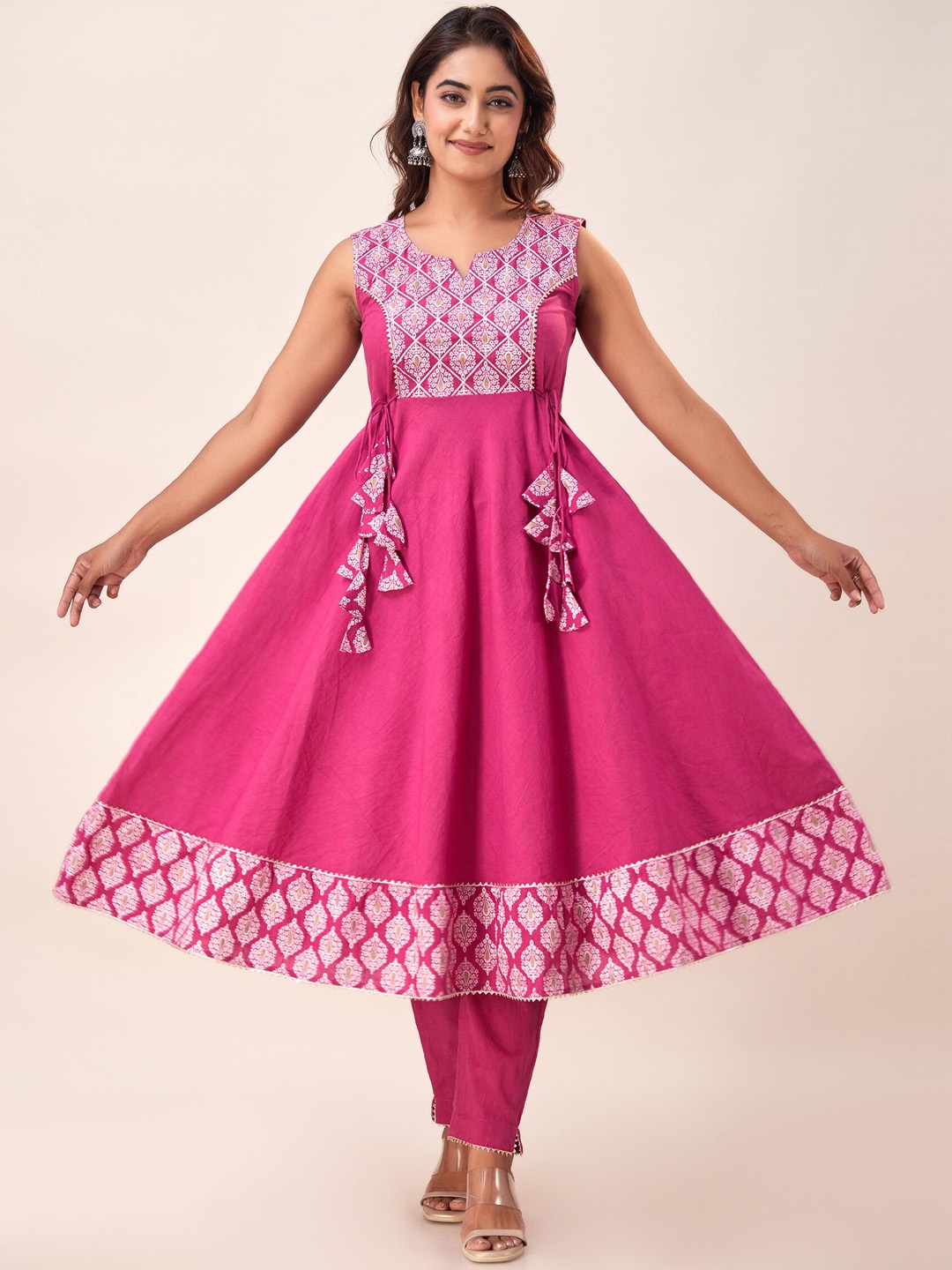 

SVARCHI Ethnic Motifs Printed Empire Pure Cotton Kurta with Trousers, Pink
