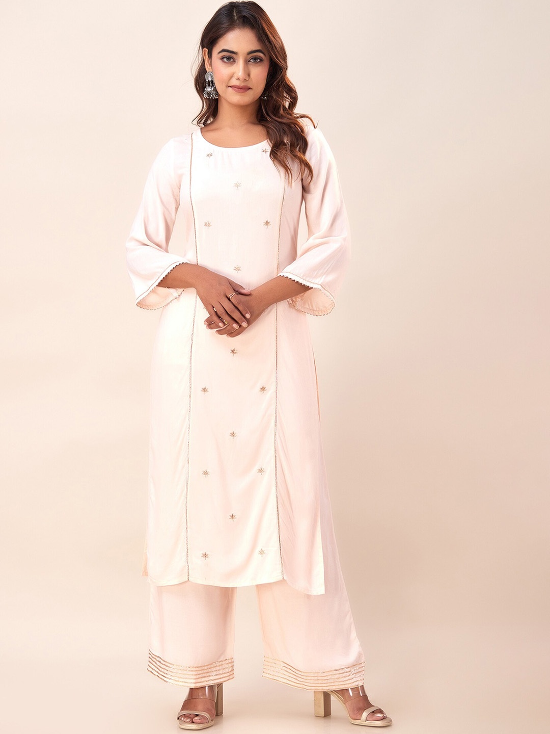 

SVARCHI Ethnic Motifs Embroidered Gotta Patti Straight Kurta With Palazzos, Pink