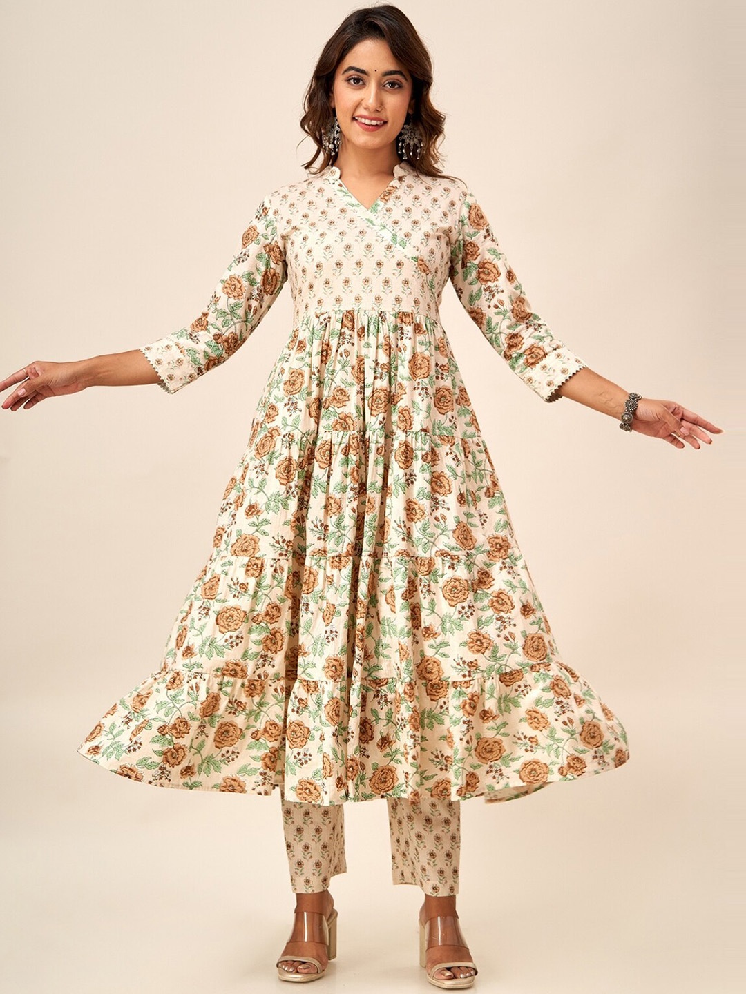 

SVARCHI Floral Printed Pure Cotton Anarkali Kurta With Trousers, Beige