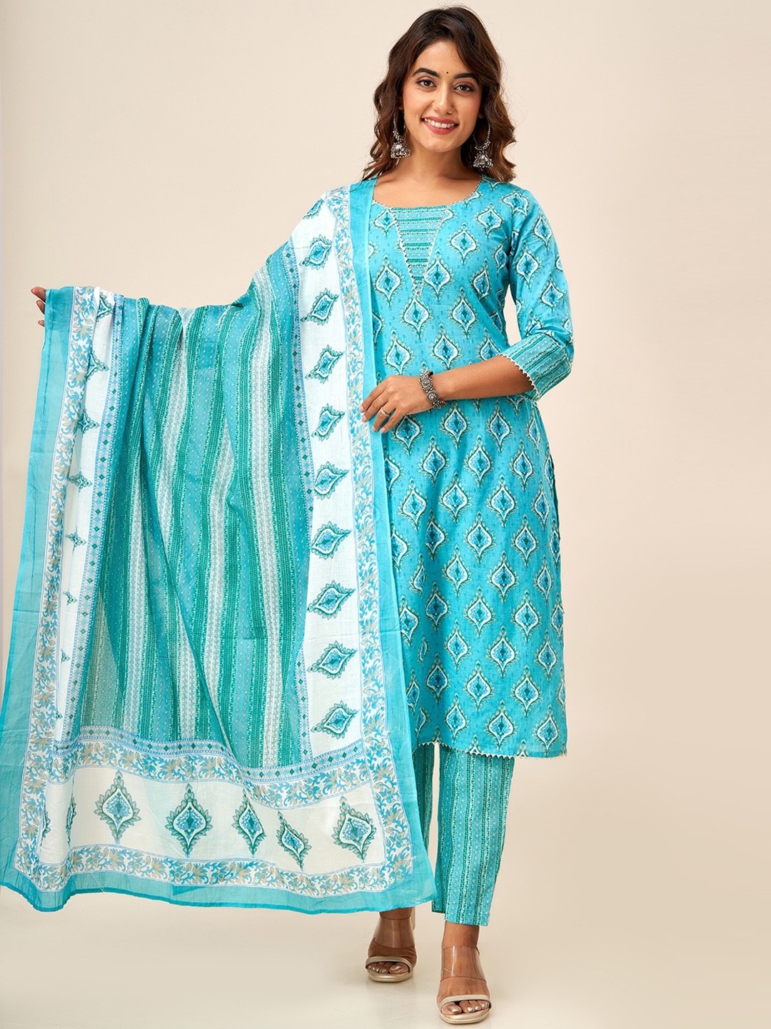 

SVARCHI Women Blue Ethnic Motifs Printed Regular Gotta Patti Pure Cotton Kurta with Trousers & With Dupatta