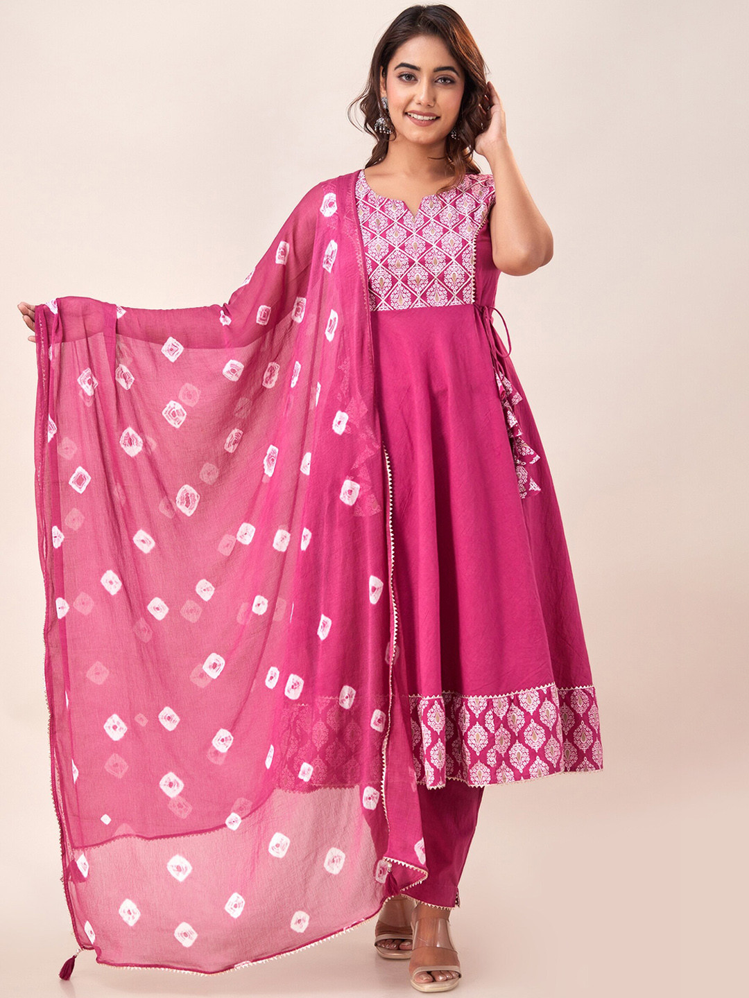 

SVARCHI Ethnic Motifs Printed Regular Pure Cotton Kurta with Palazzos & With Dupatta, Pink