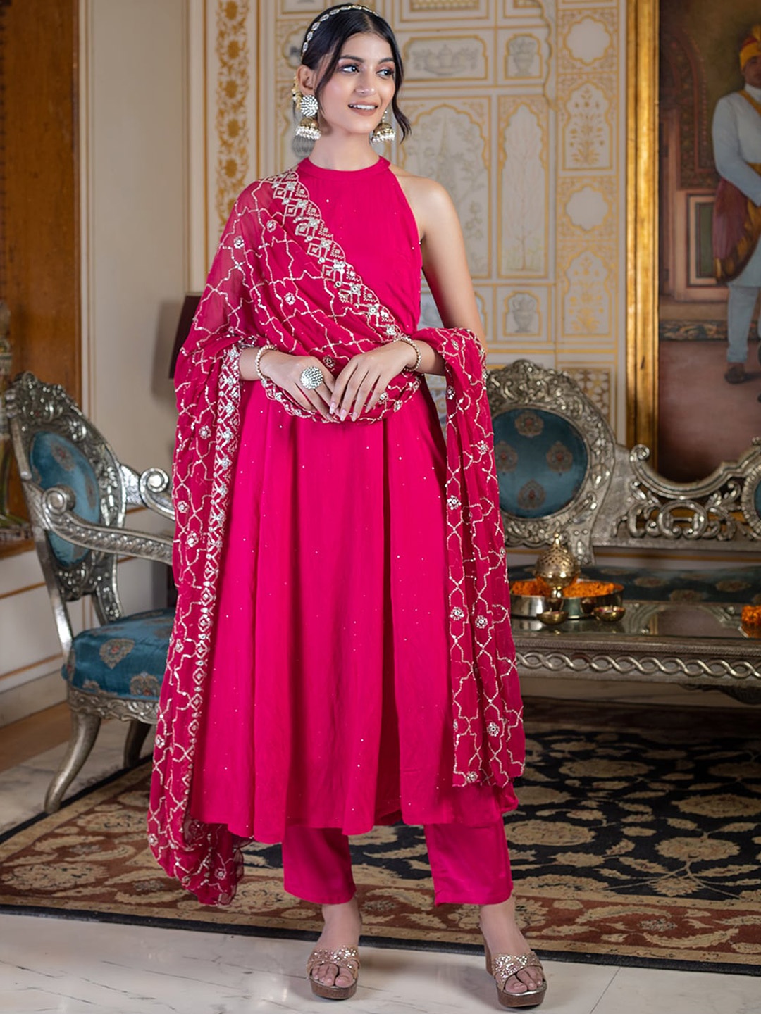 

KASYA Halter Neck Anarkali Kurta & Trousers With Dupatta, Pink