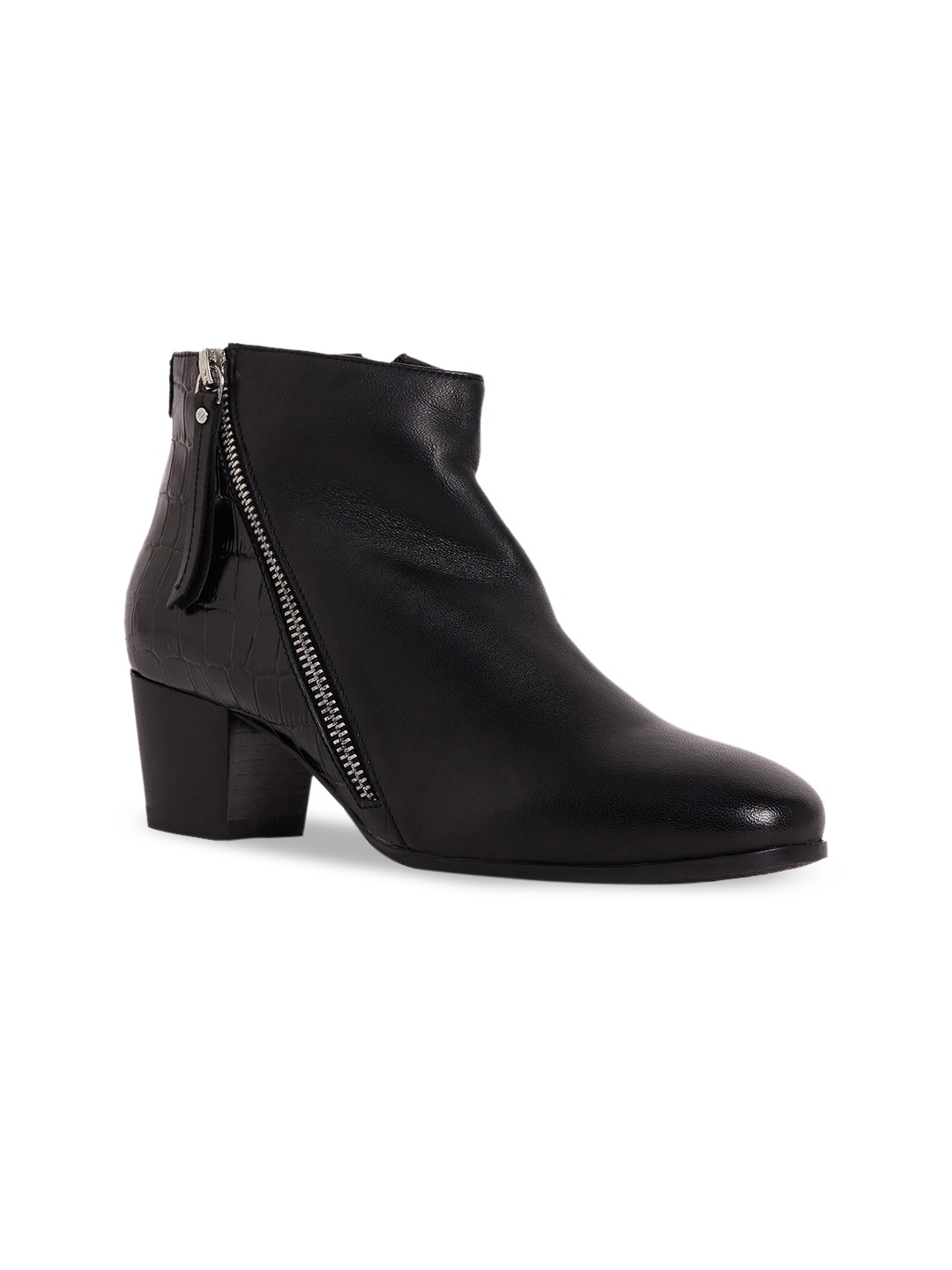 

Peach Flores Women Olivia Textured Leather Block Heeled Regular Boots, Black
