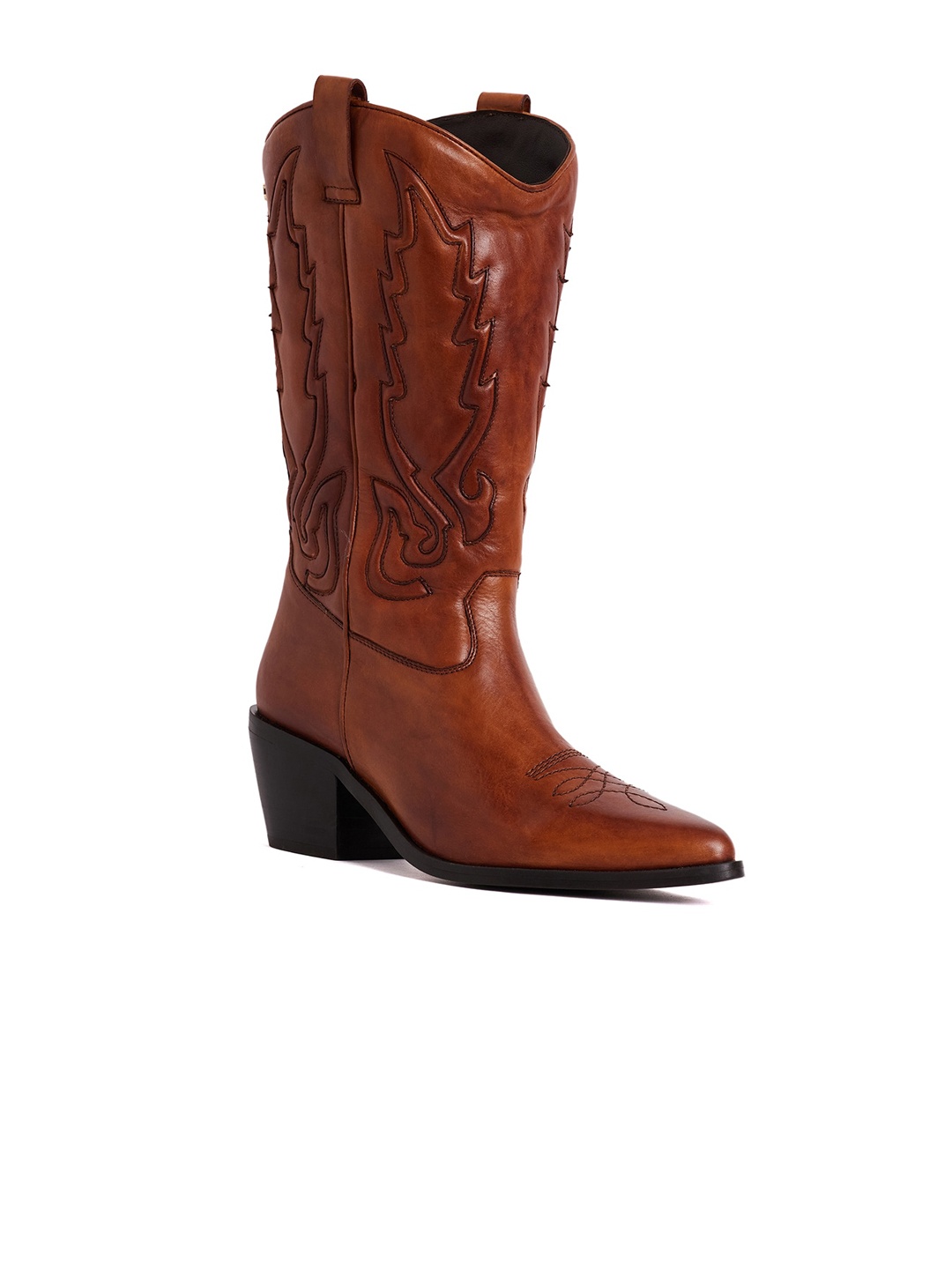 

Peach Flores Women Grace Block-Heeled Leather High-Top Cowboy Boots, Tan