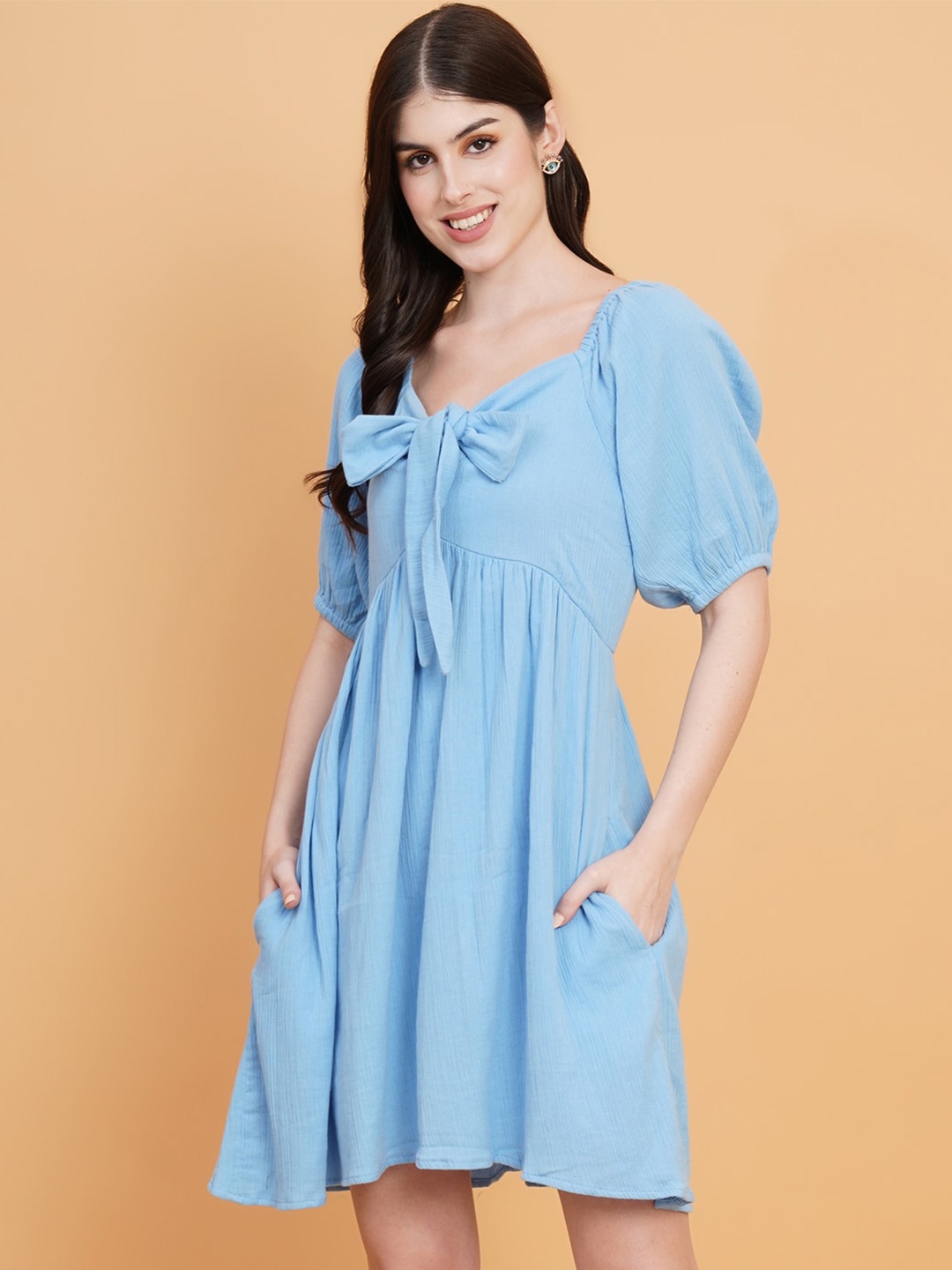

IX IMPRESSION Sweetheart Neck Bow Detail Puff Sleeves Fit And Flare Dress, Blue