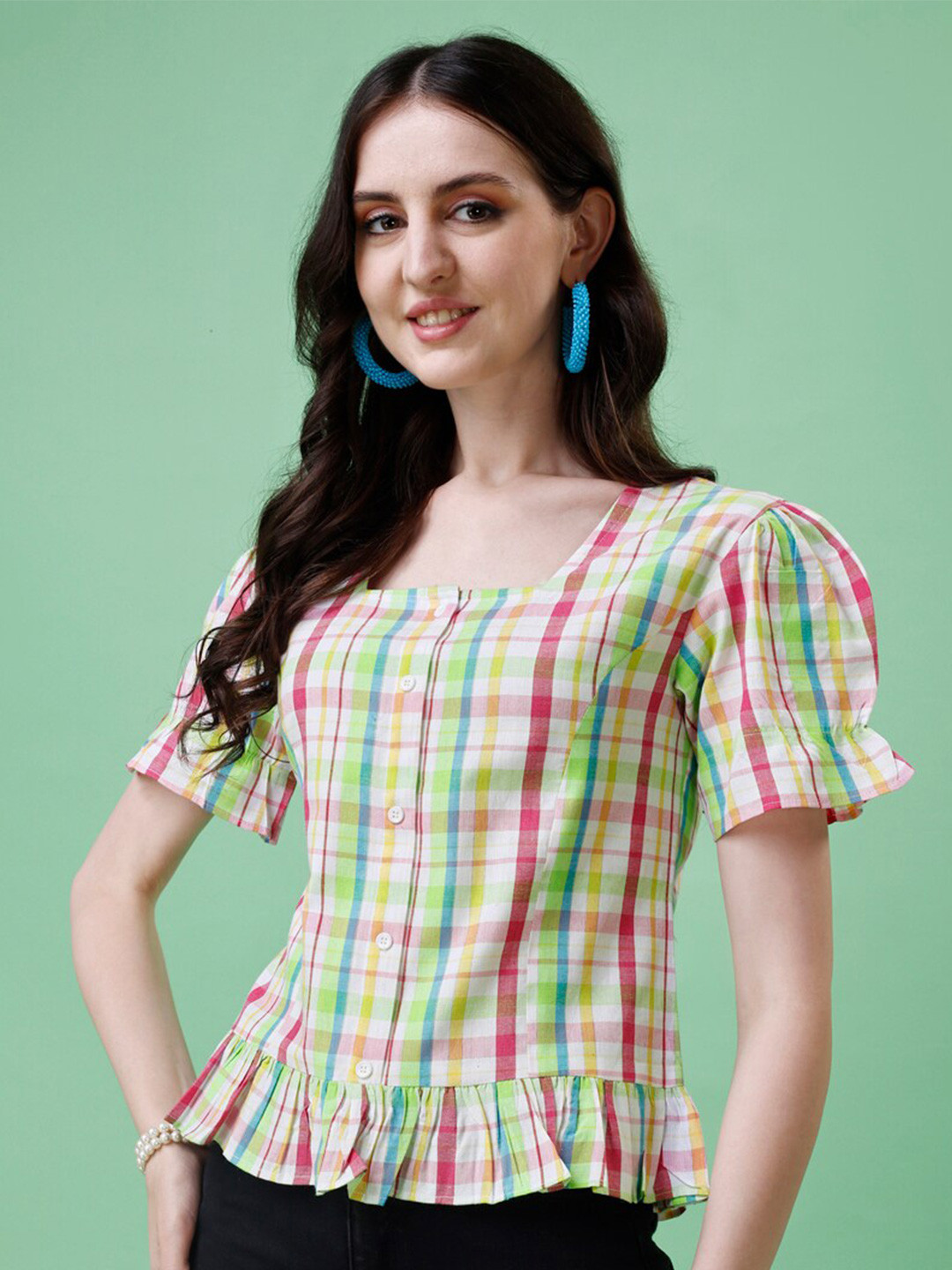 

Kinjo Checked Bell Sleeves Cotton Top, Yellow