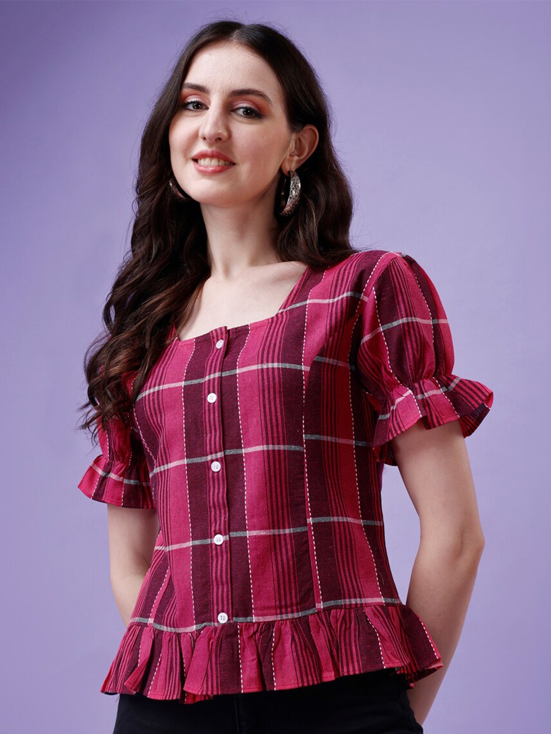 

Kinjo Checked Bell Sleeves Cotton Top, Pink