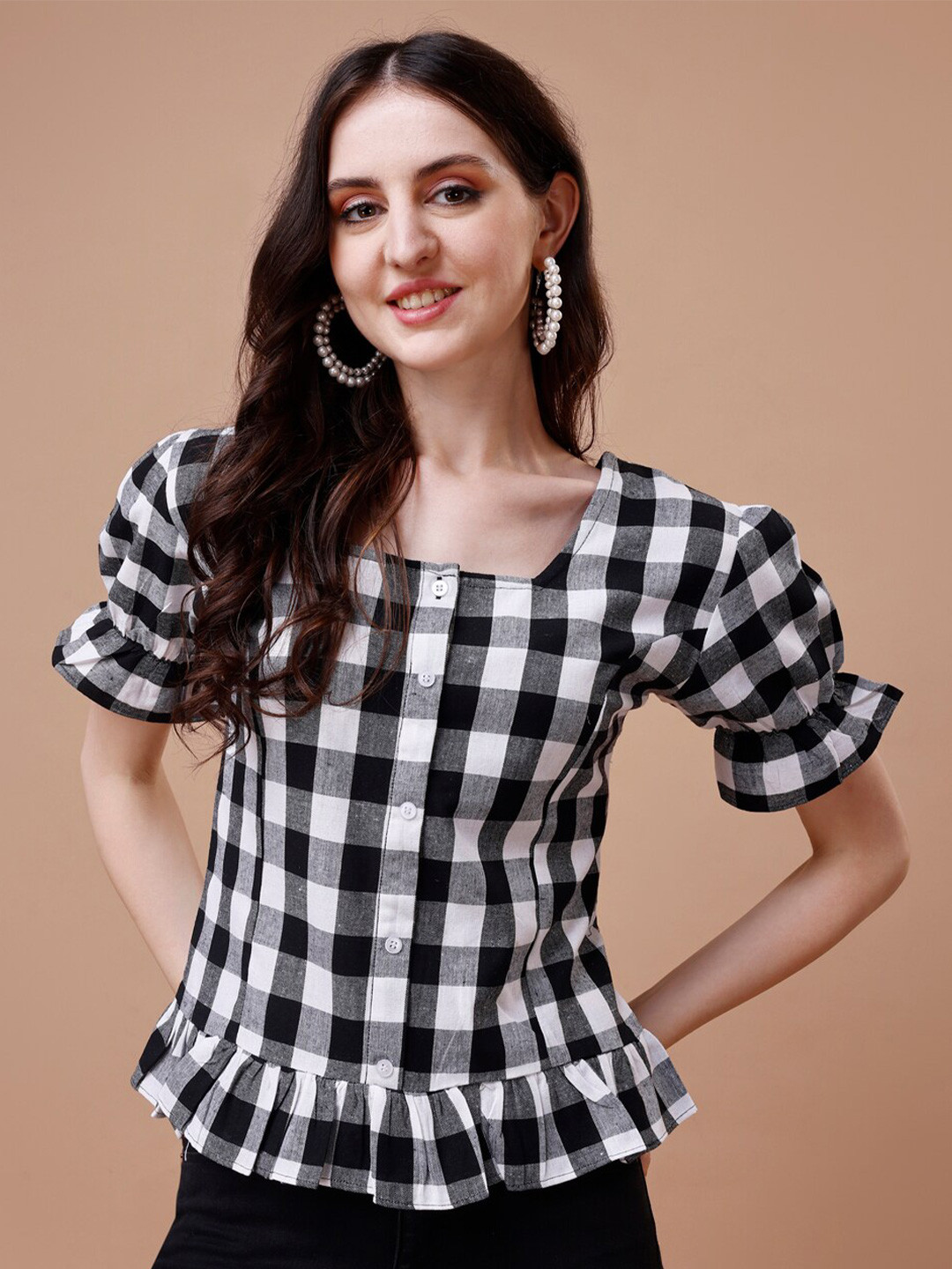 

Kinjo Checked Bell Sleeves Cotton Top, Black
