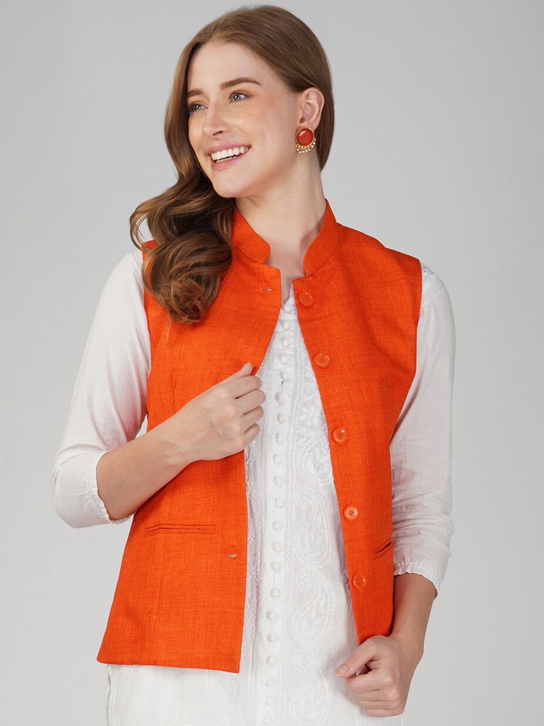 

Vastraa Fusion Mandarin Collar Woven Nehru Jacket, Orange