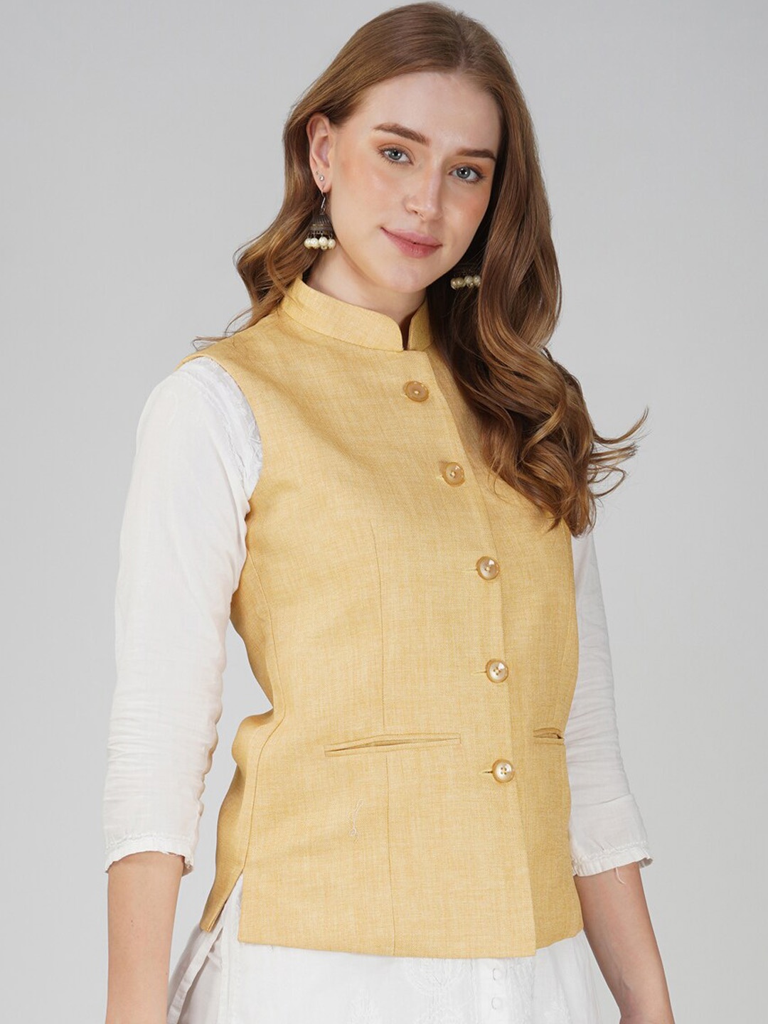 

Vastraa Fusion Mandarin Collar Woven Nehru Jacket, Beige