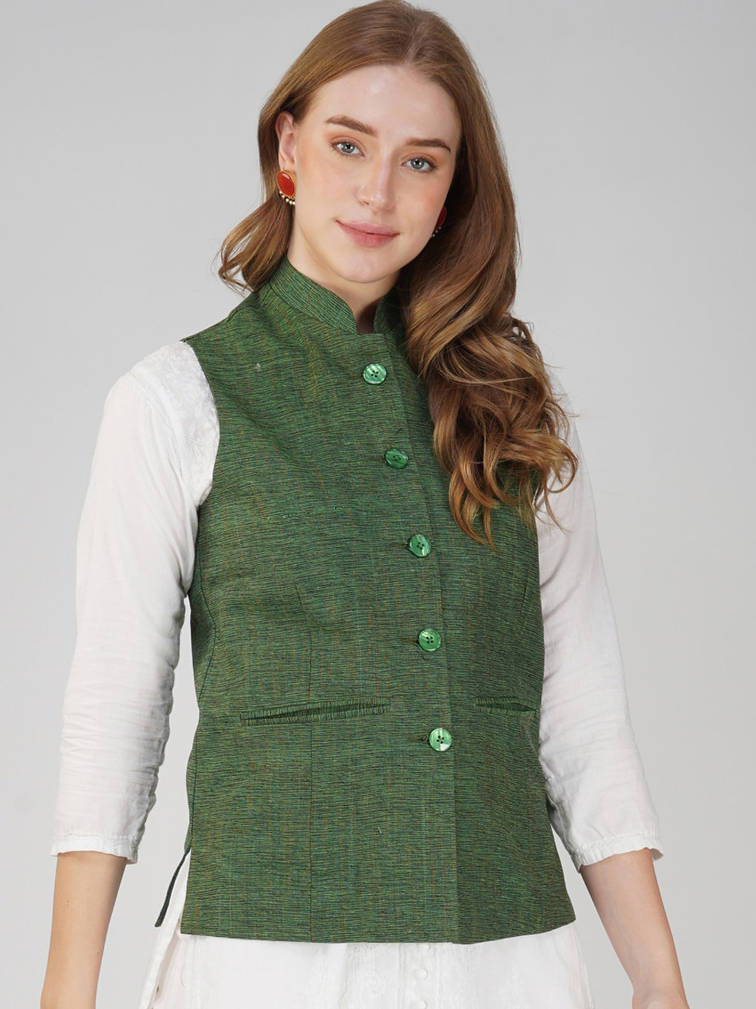 

Vastraa Fusion Woven Nehru Jacket, Green