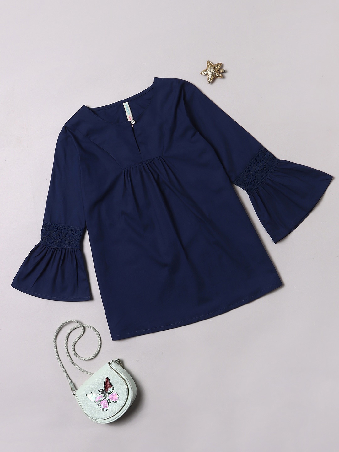 

Pantaloons Girls Round Neck Bell Sleeves A-Line Pure Cotton Top, Blue