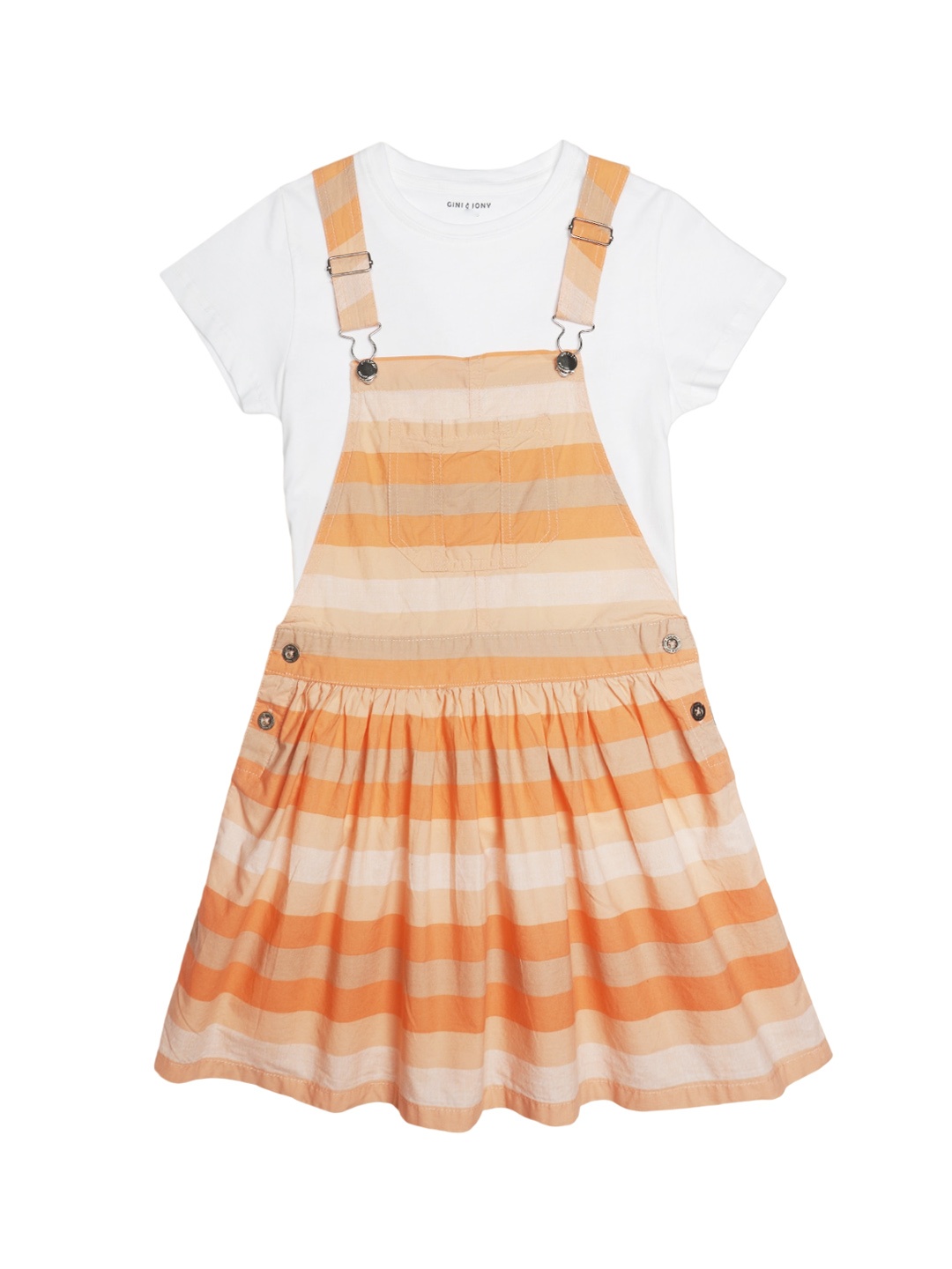 

Gini and Jony Girls Striped Cotton Dungaree With A T-shirt, Peach