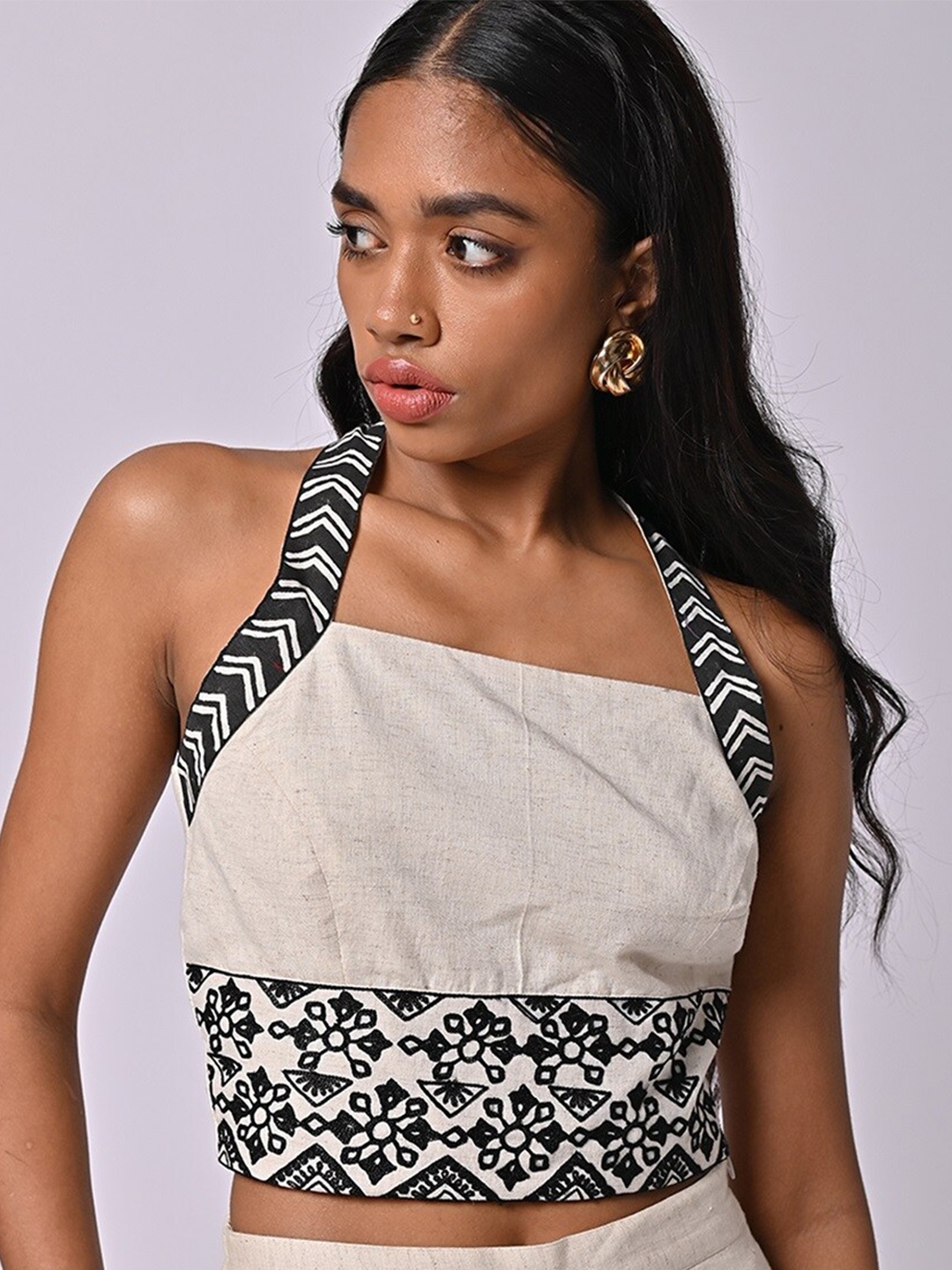 

MISSY Ethnic Motifs Printed Halter Neck Cotton Crop Top, Beige