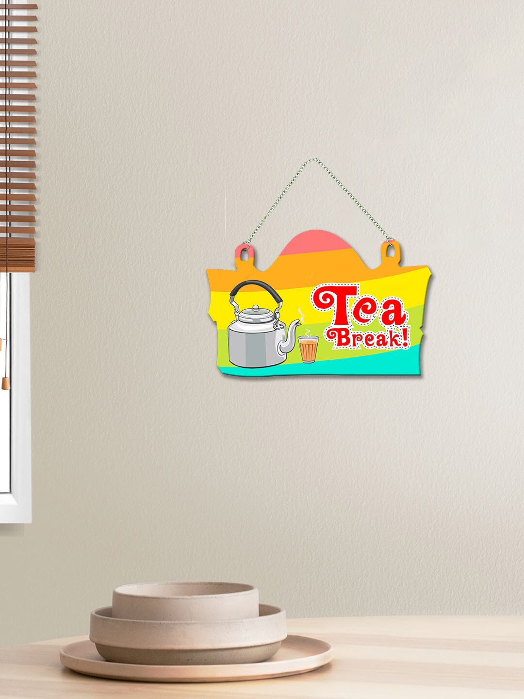 

ArtVibes Red Tea Break Quote Wooden Wall Hanging Decor, Yellow