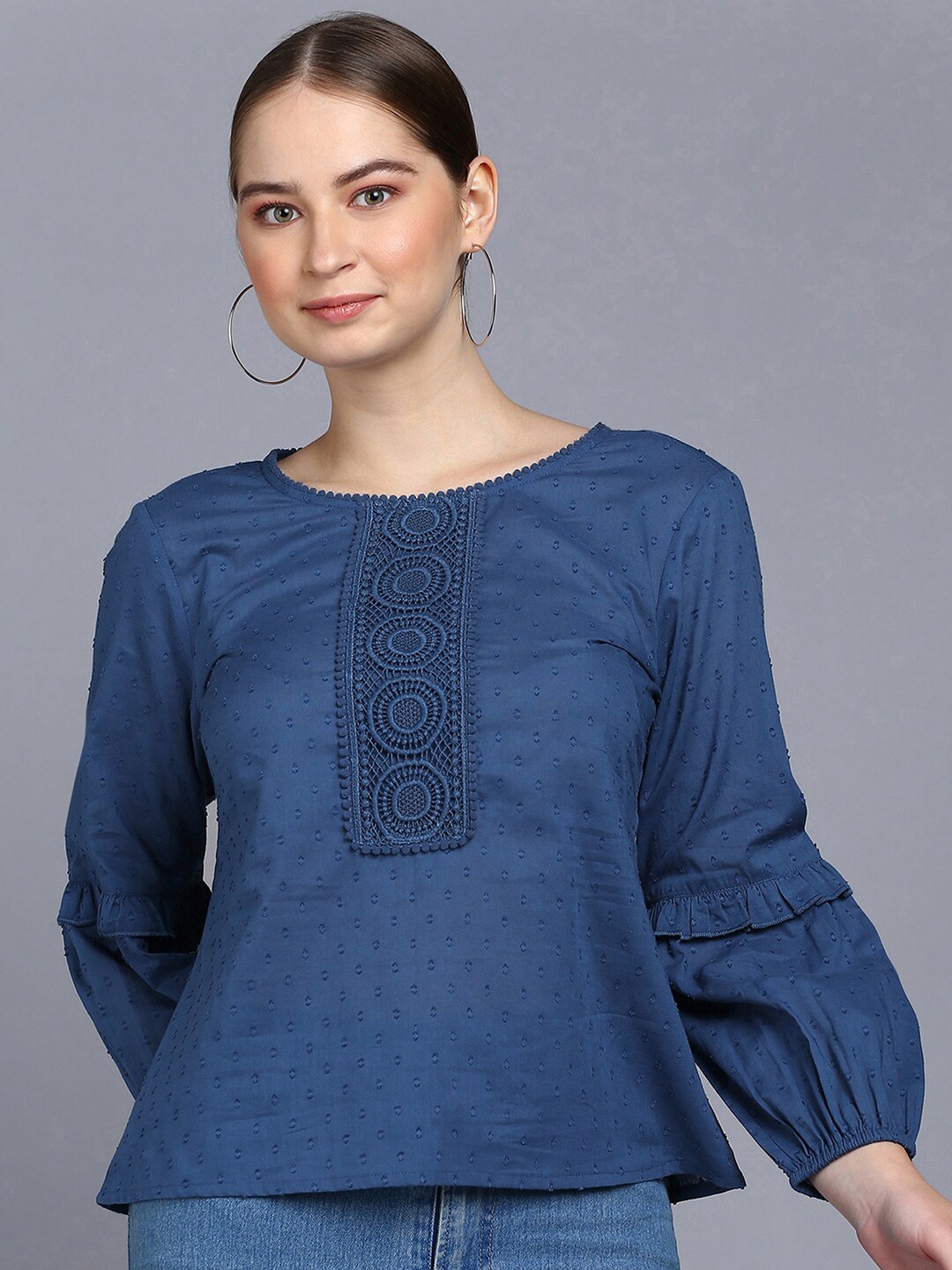 

Mast & Harbour Self Design Puff Sleeve Pure Cotton Top, Navy blue