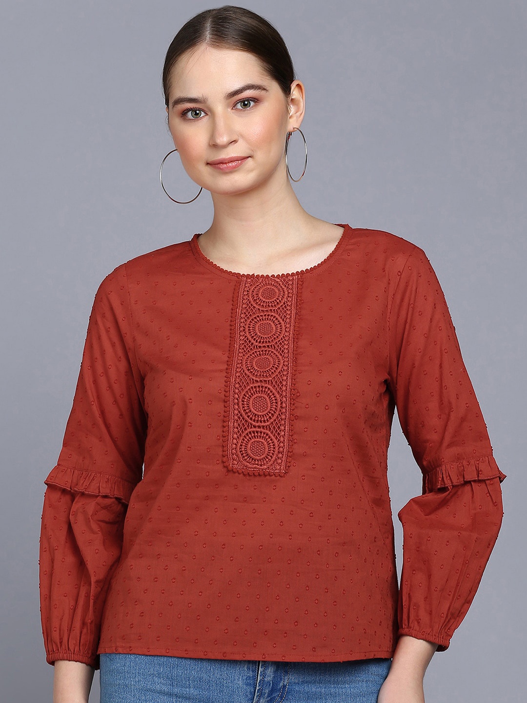 

Mast & Harbour Self Design Puff Sleeve Pure Cotton Top, Rust