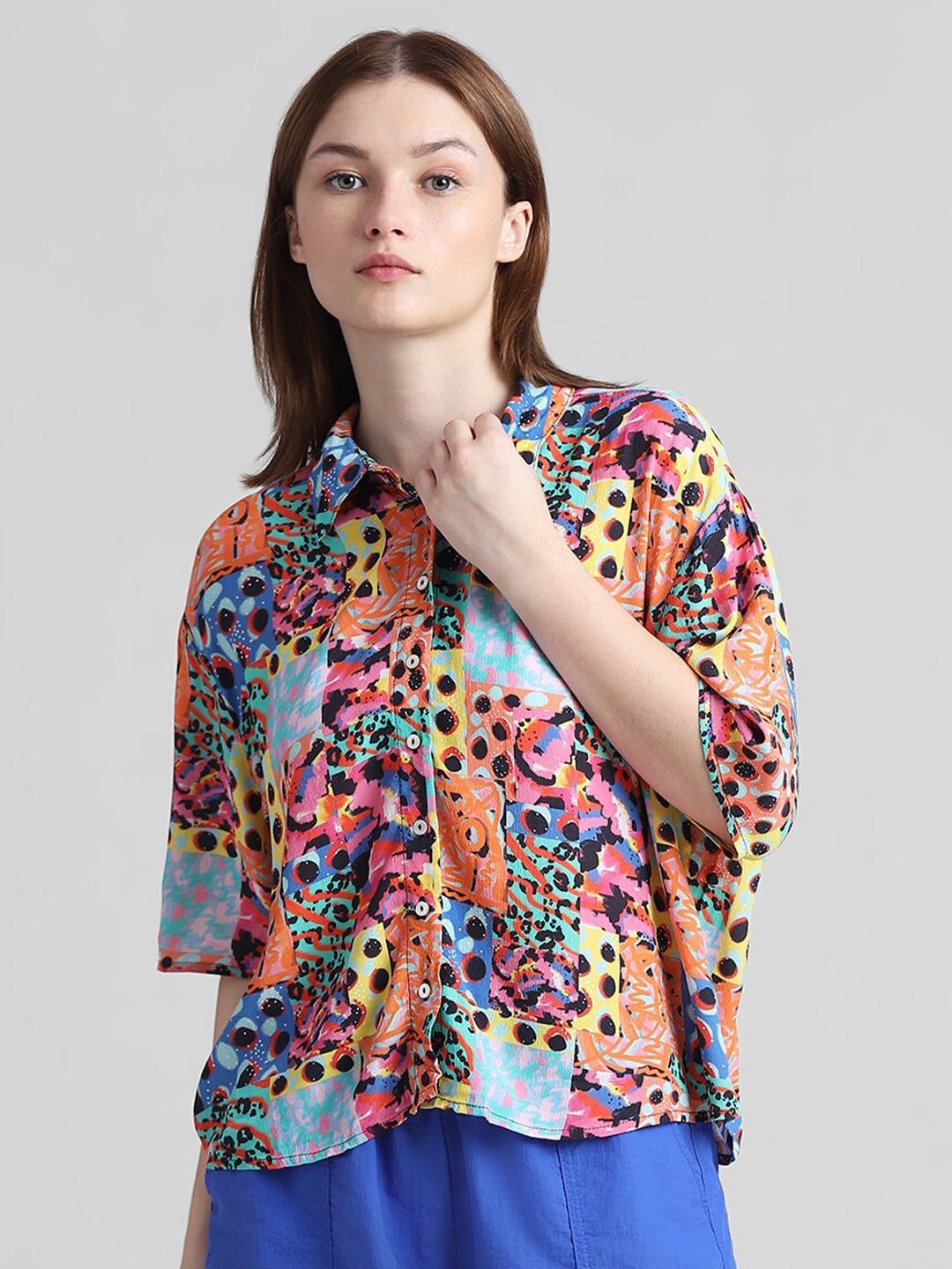 

ONLY Boxy Abstract Printed Spread Collar Casual Shirt, Pink