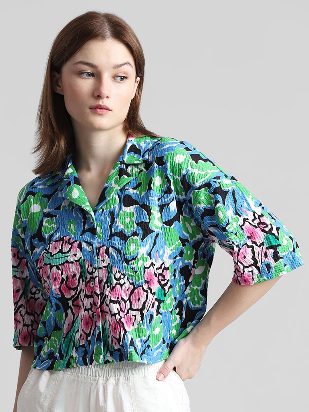 

ONLY Boxy Floral Printed Casual Shirt, Blue