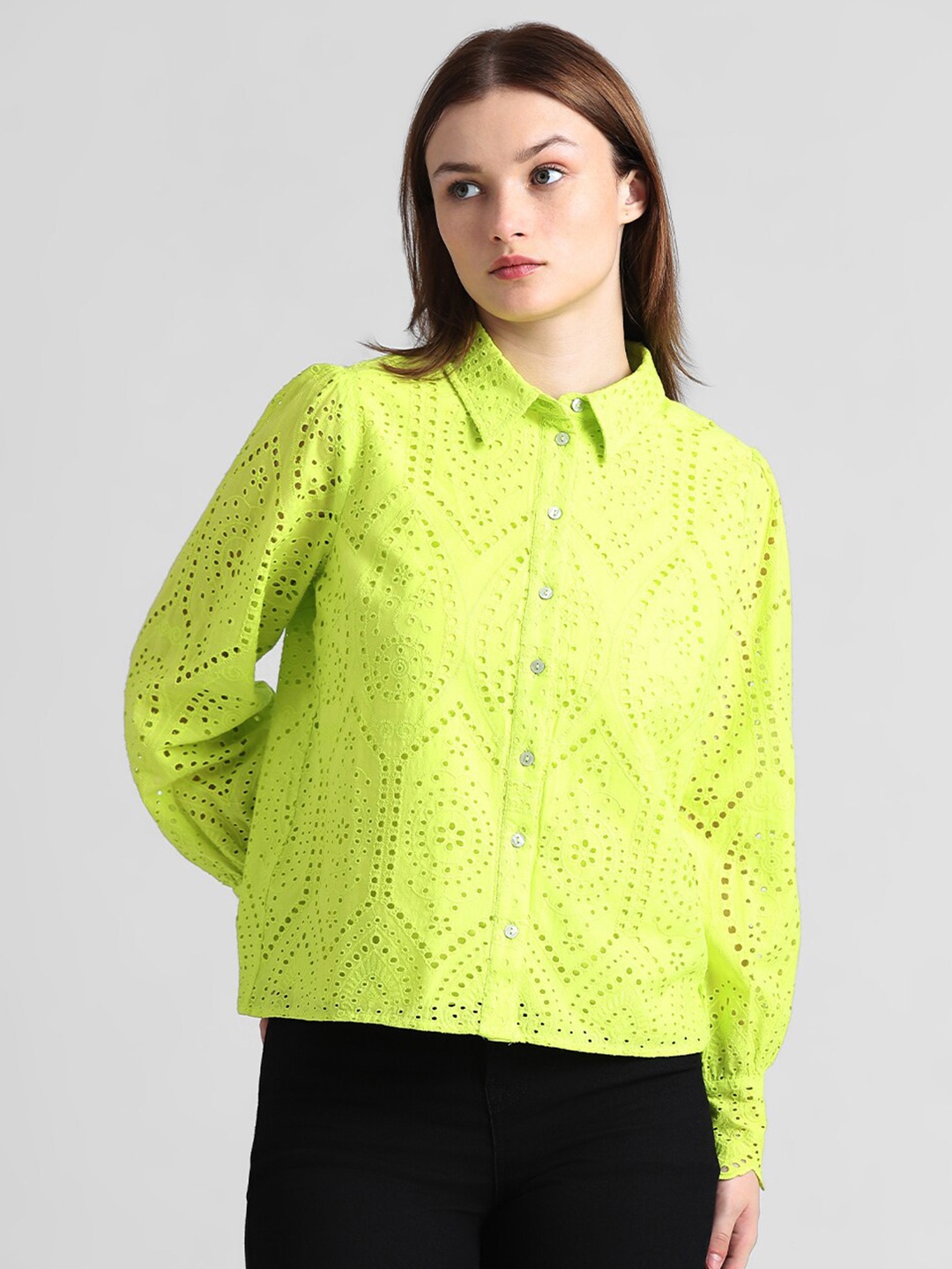 

ONLY Schiffli Self Design Semi Sheer Casual Pure Cotton Shirt, Lime green