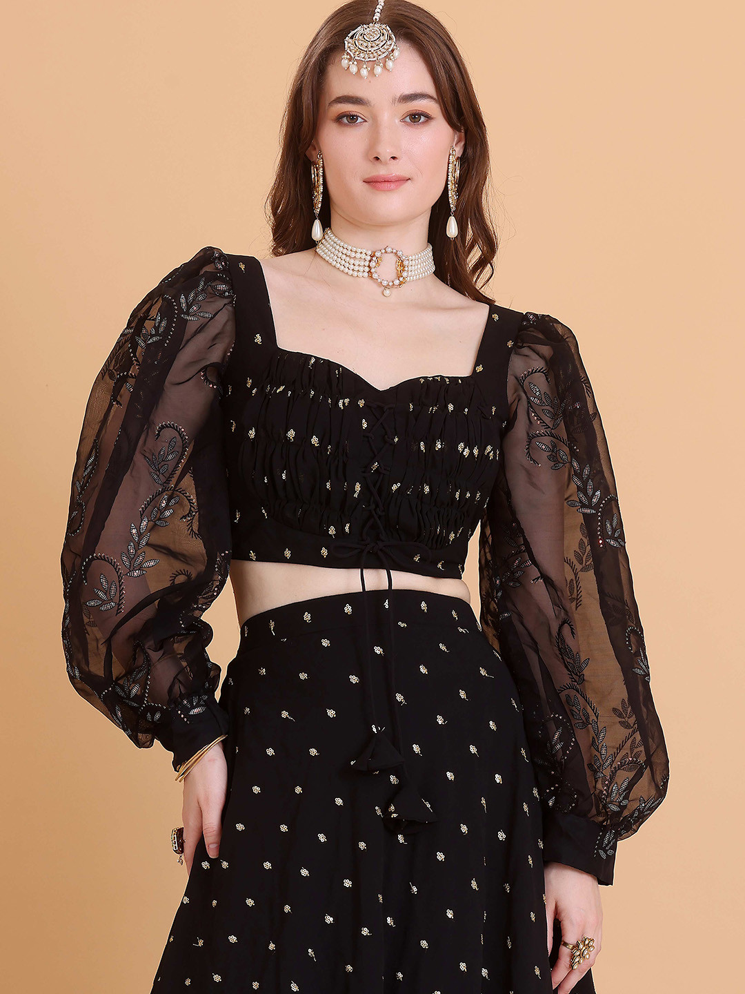 

Ethnovog Embellished Sequinned Ruched Saree Blouse, Black