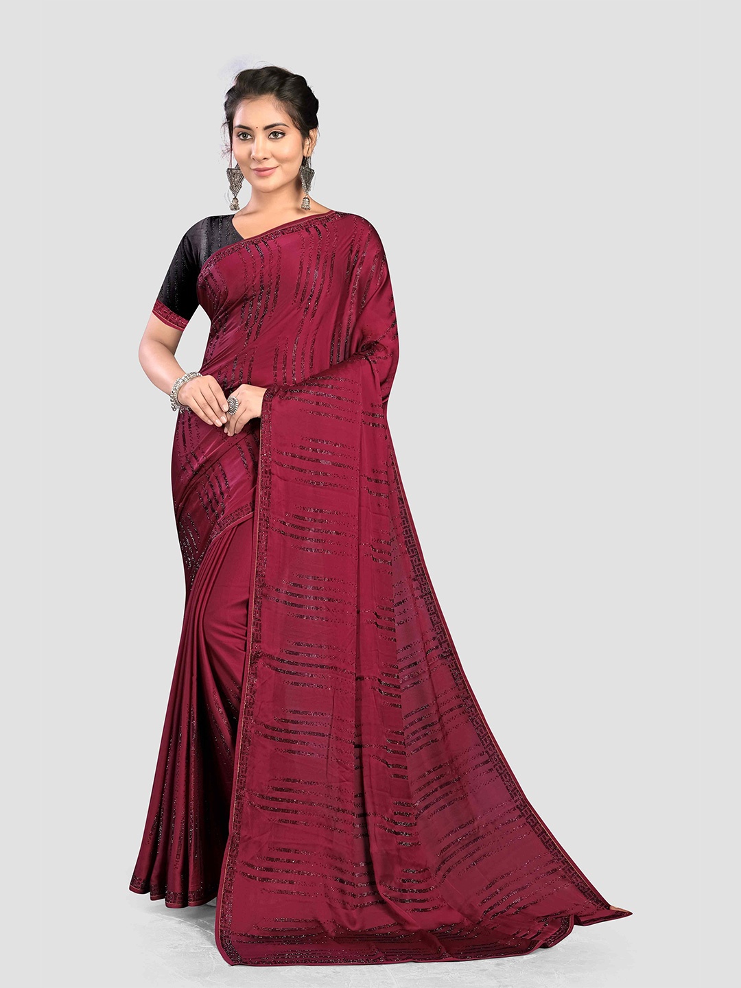 

KAJREE Embellished Satin Saree, Maroon