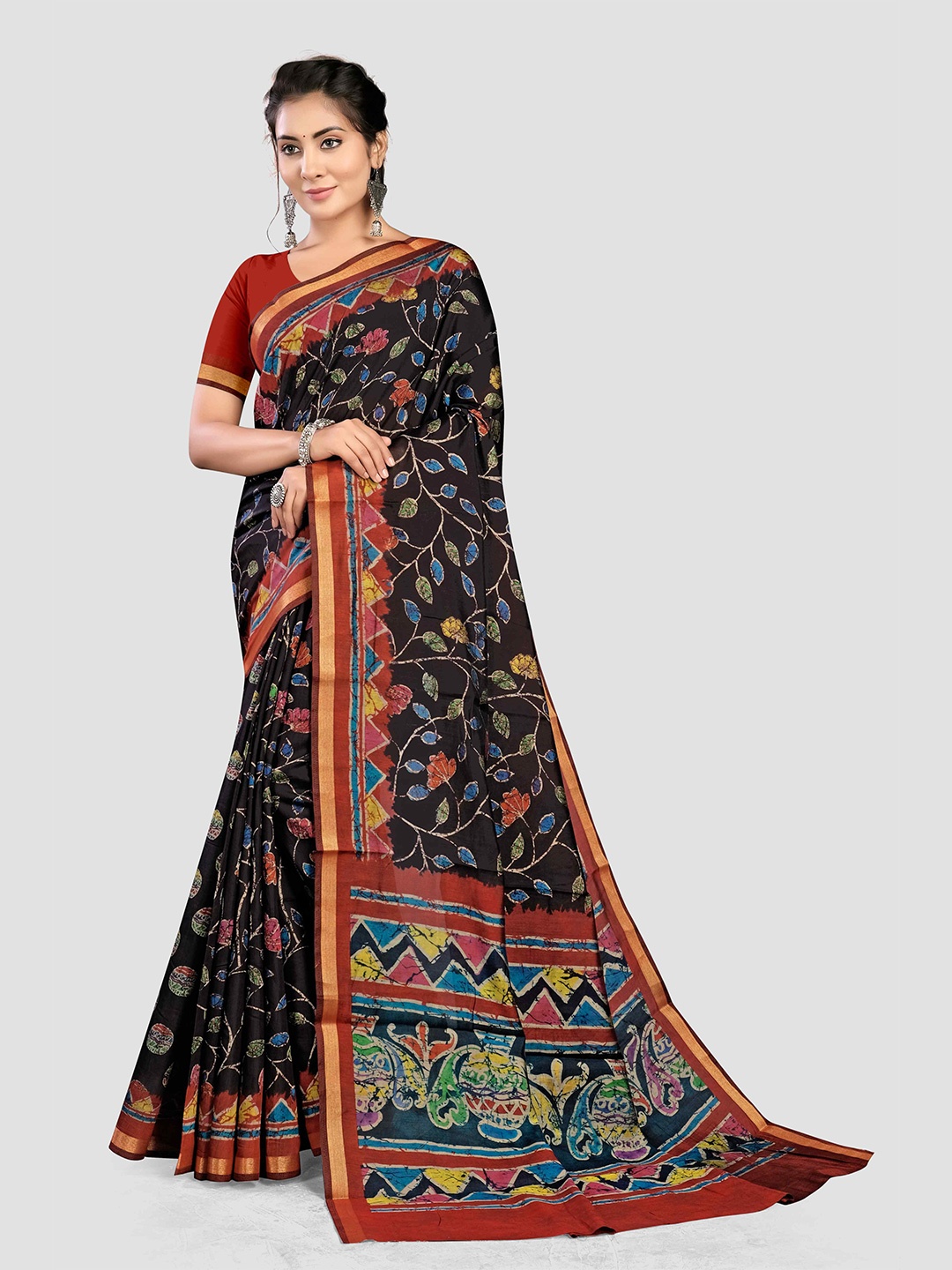 

KAJREE Floral Printed Zari Silk Cotton Bagh Saree, Navy blue