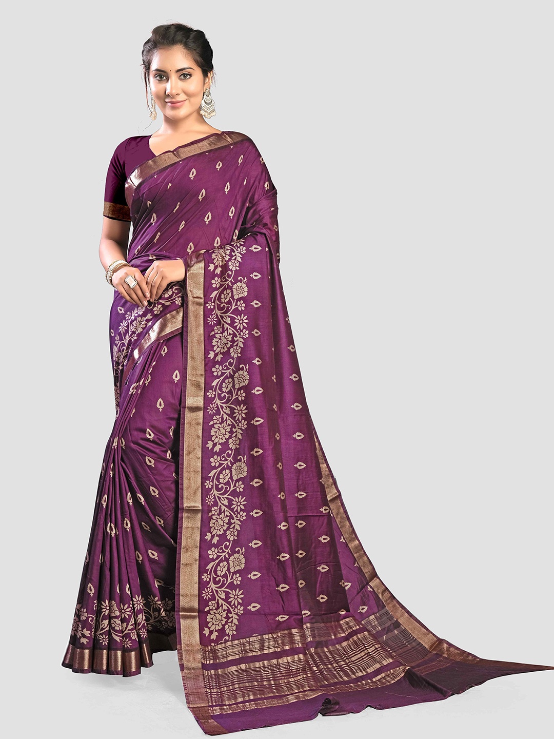 

KAJREE Ethnic Motifs Printed Zari Silk Cotton Block Print Saree, Purple