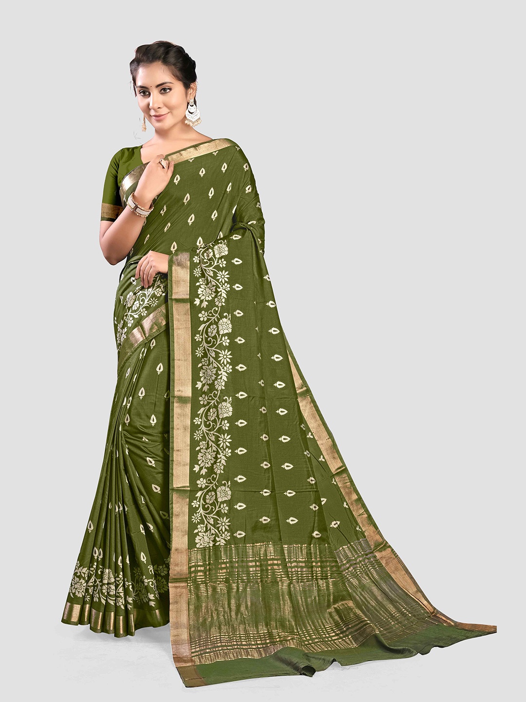 

KAJREE Floral Printed Zari Silk Cotton Block Print Saree, Green