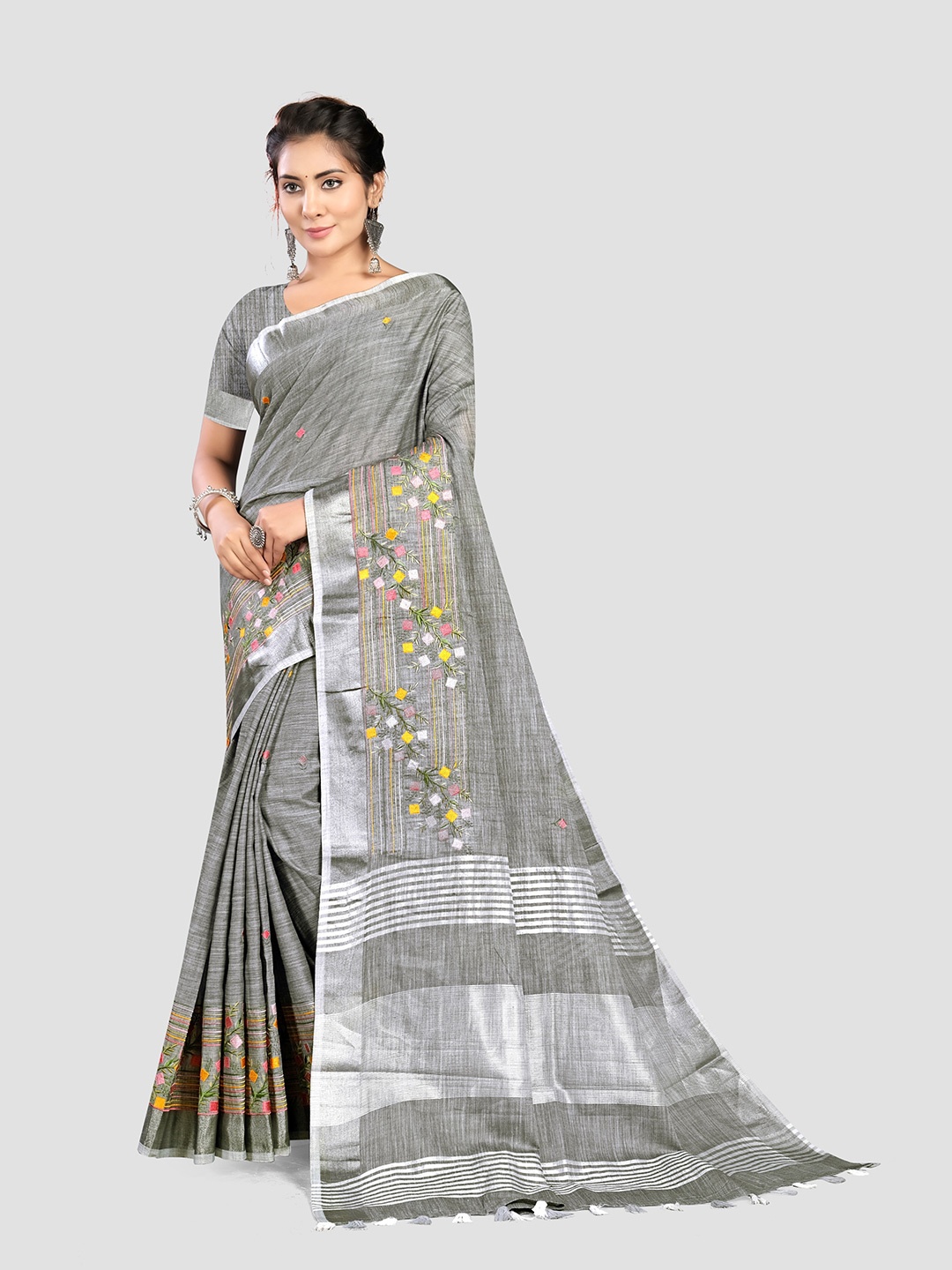 

KAJREE Ethnic Motifs Embroidered Pure Linen Bhagalpuri Saree, Grey