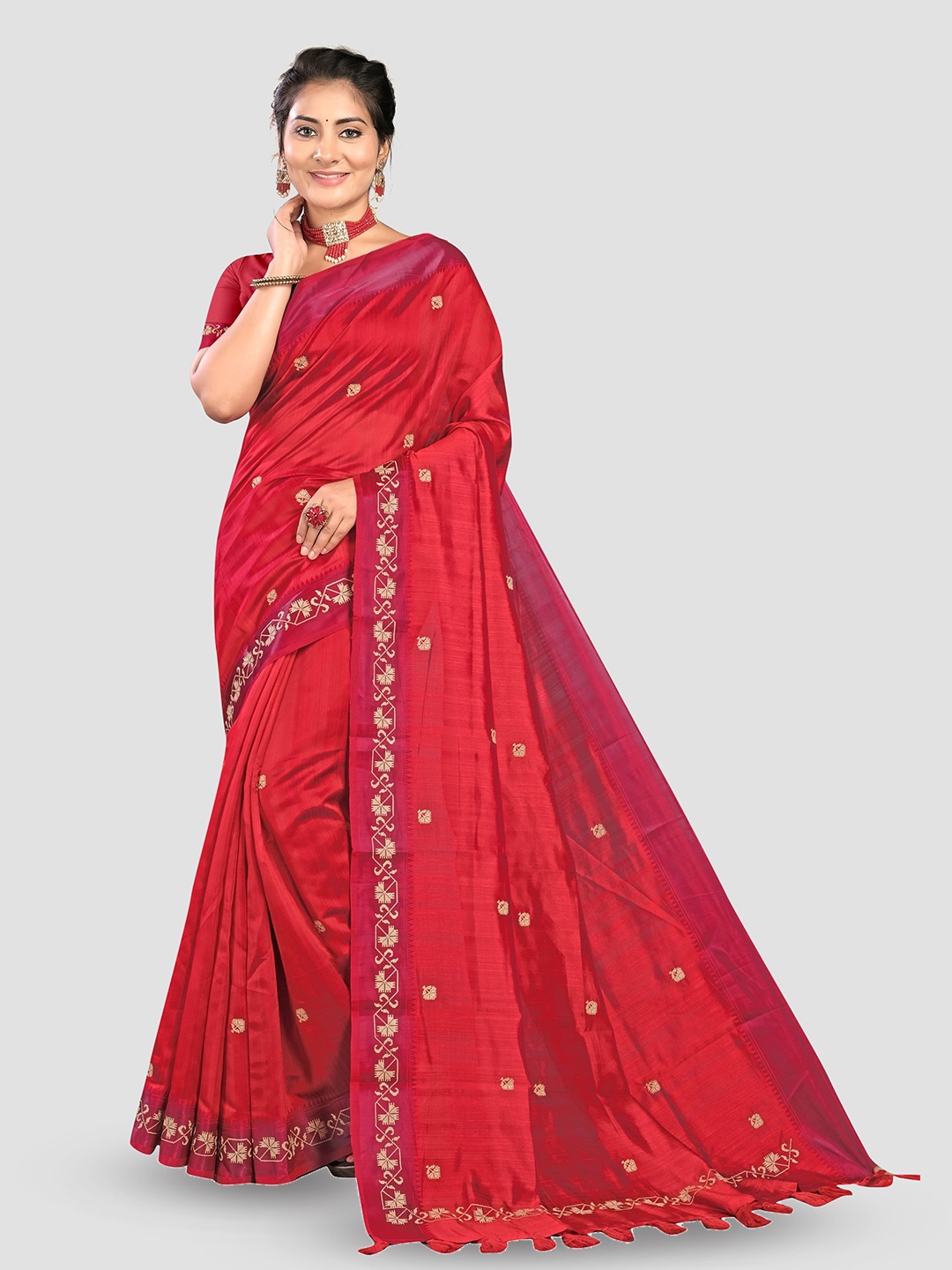 

KAJREE Ethnic Motifs Embroidered Tussar Saree, Red