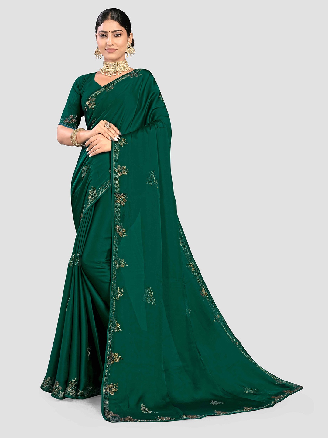 

KAJREE Embellished Beads and Stones Satin Saree, Green