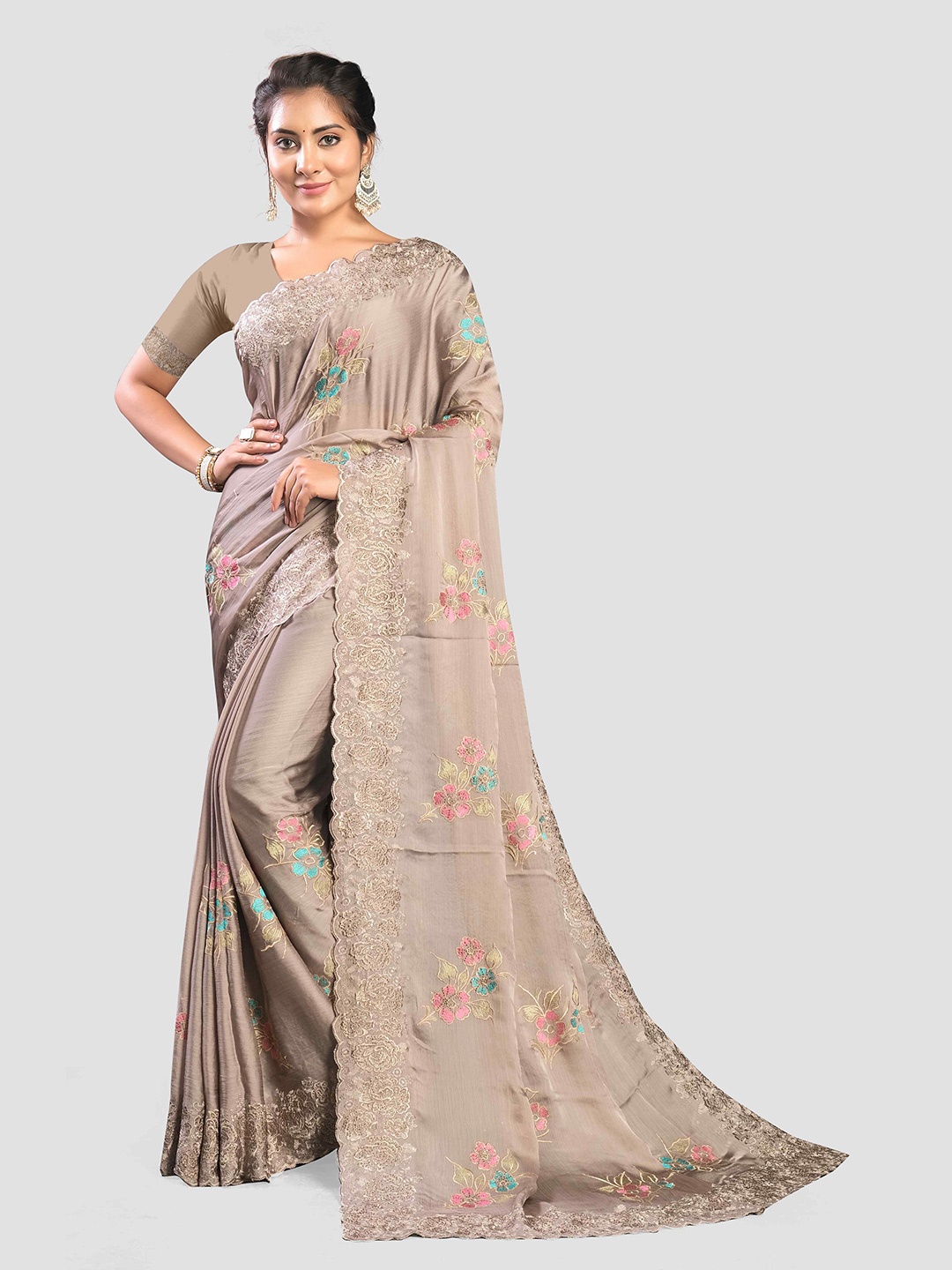 

KAJREE Floral Embroidered Beads and Stones Satin Saree, Grey