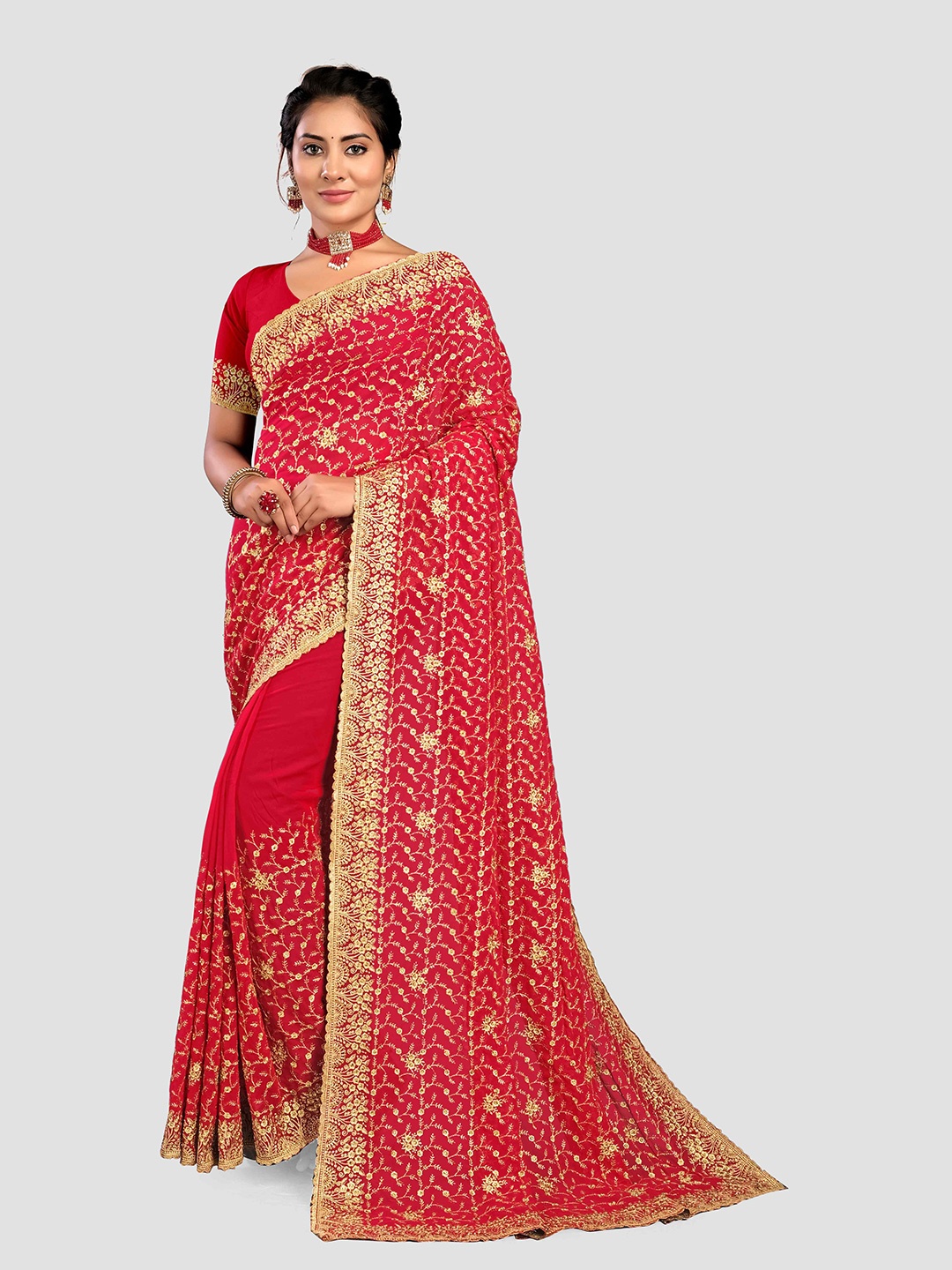 

KAJREE Embellished Pure Georgette Banarasi Saree, Red