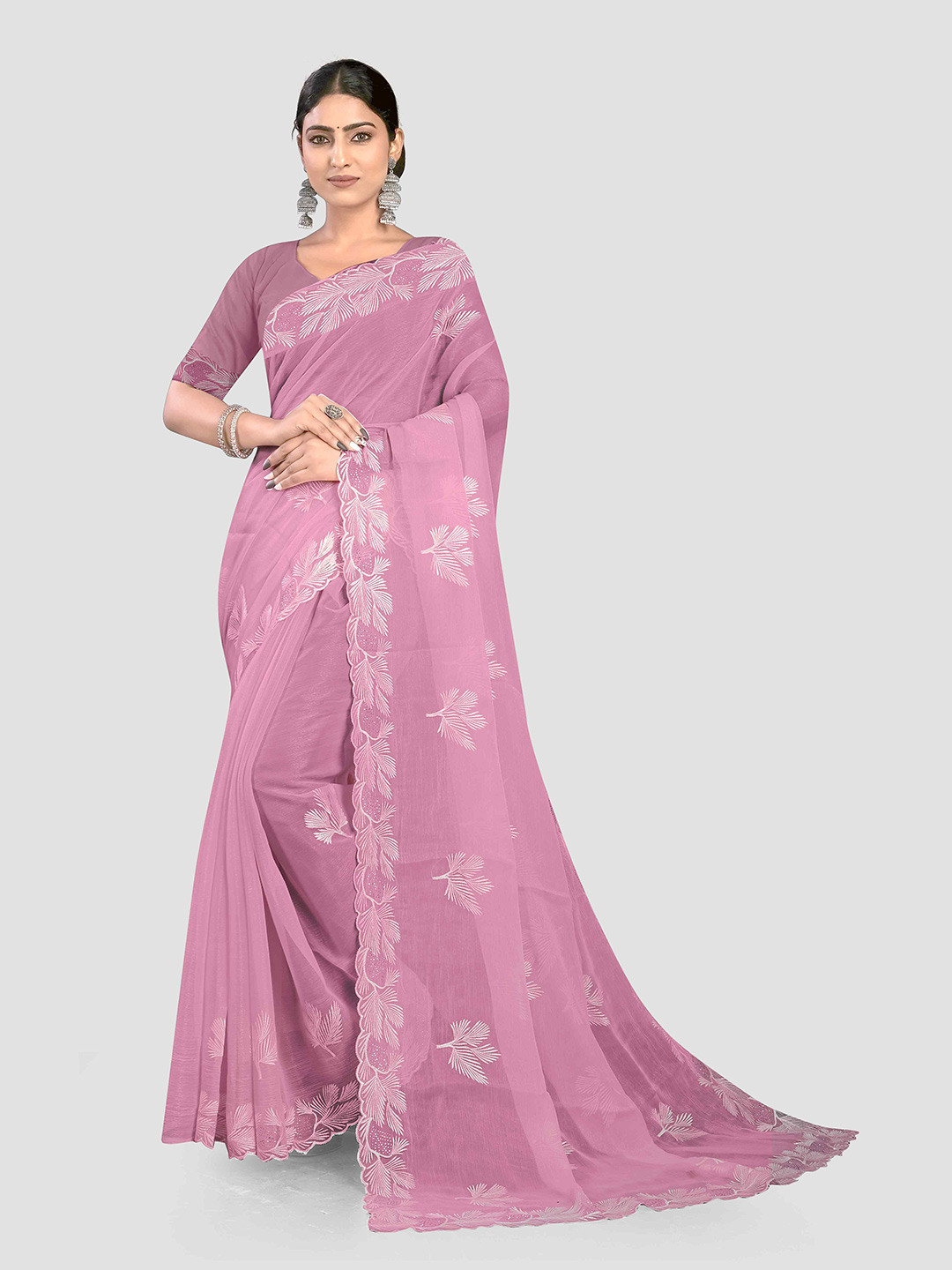 

KAJREE Floral Embroidered Beads & Stones Pure Crepe Saree, Pink