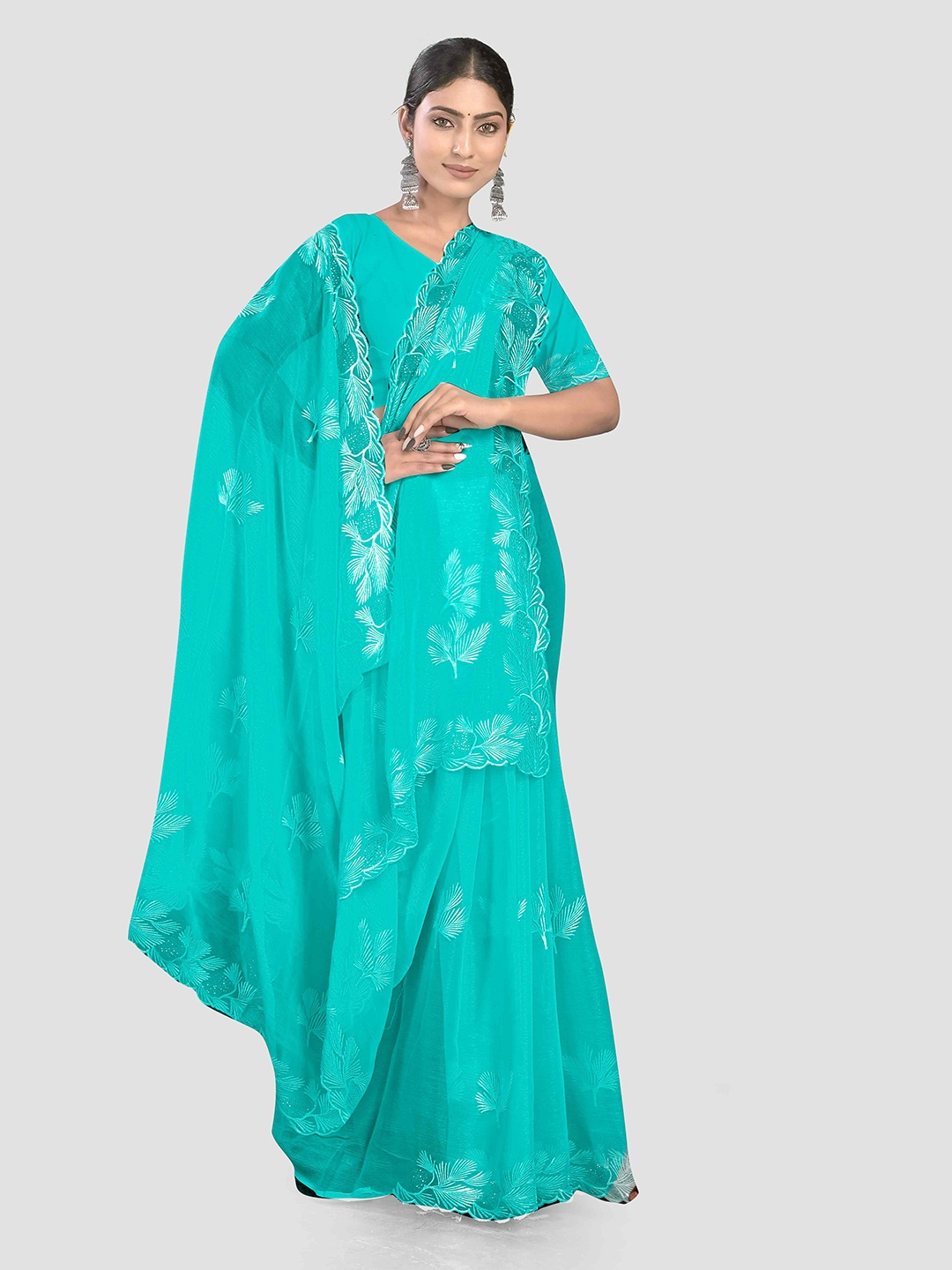 

KAJREE Floral Embroidered Beads & Stones Pure Crepe Saree, Sea green