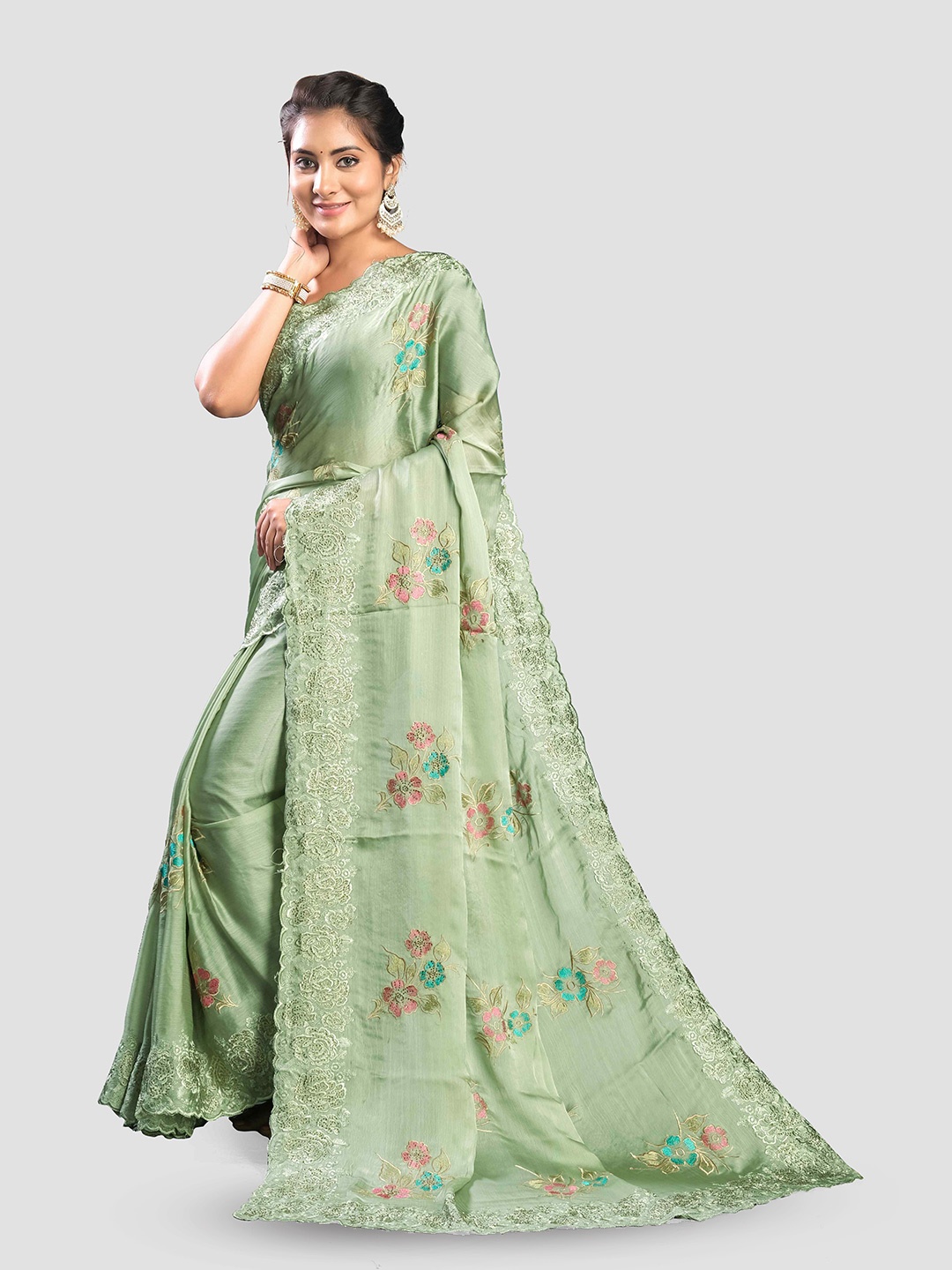 

KAJREE Floral Embroidered Beads & Stones Satin Saree, Green
