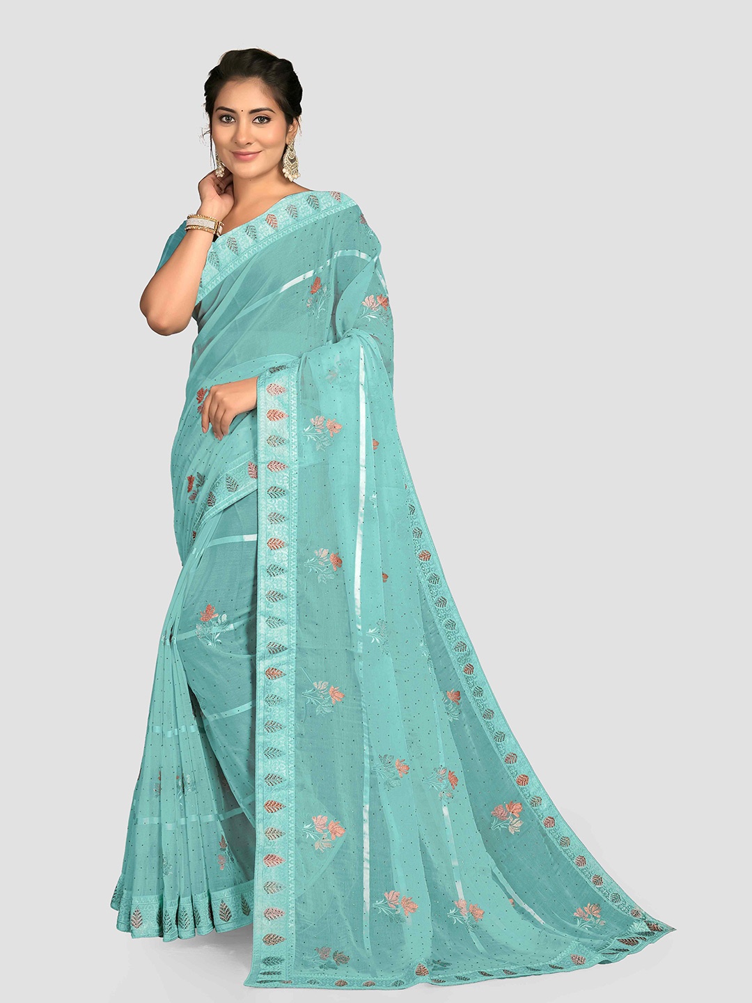 

KAJREE Floral Embroidered Beads & Stones Pure Crepe Jamdani Saree, Sea green
