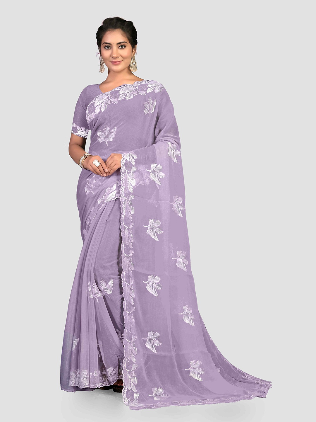 

KAJREE Floral Embroidered Beads & Stones Pure Crepe Saree, Lavender