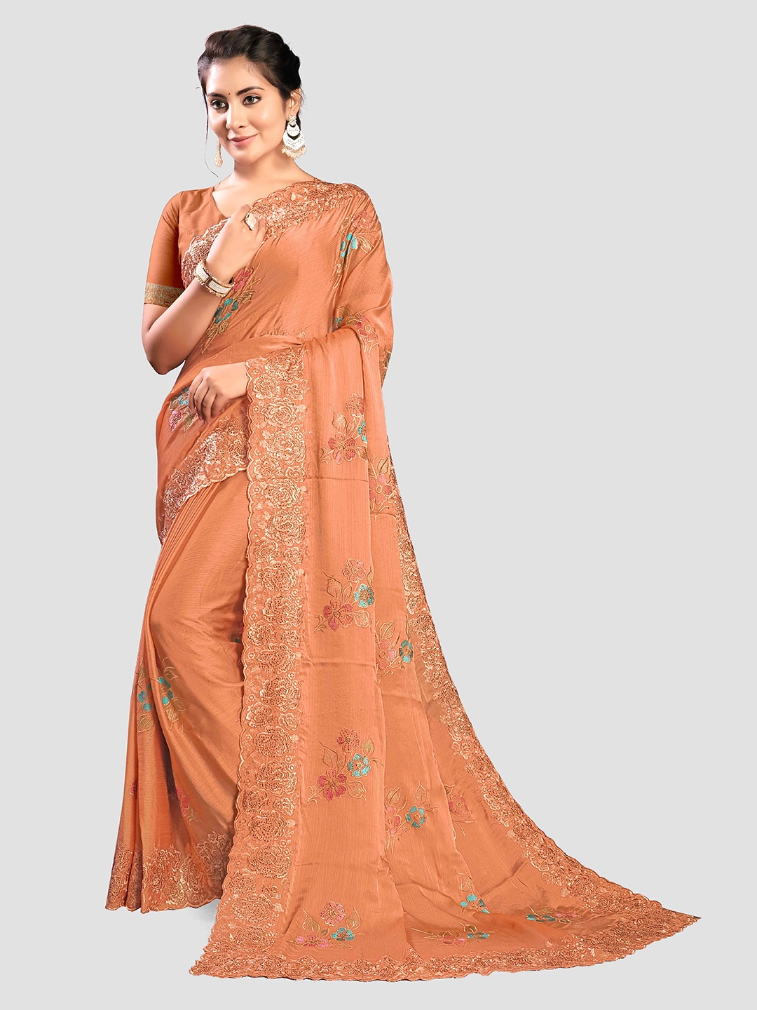 

KAJREE Floral Embroidered Beads & Stones Satin Saree, Peach