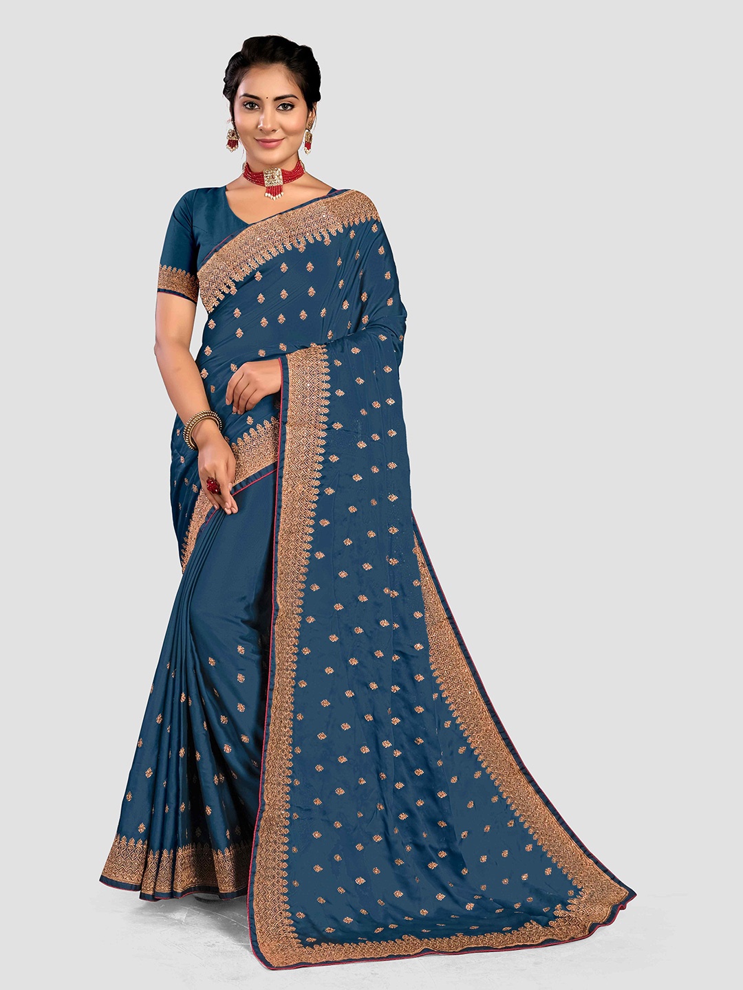 

KAJREE Ethnic Motifs Embroidered Pure Georgette Banarasi Saree, Blue