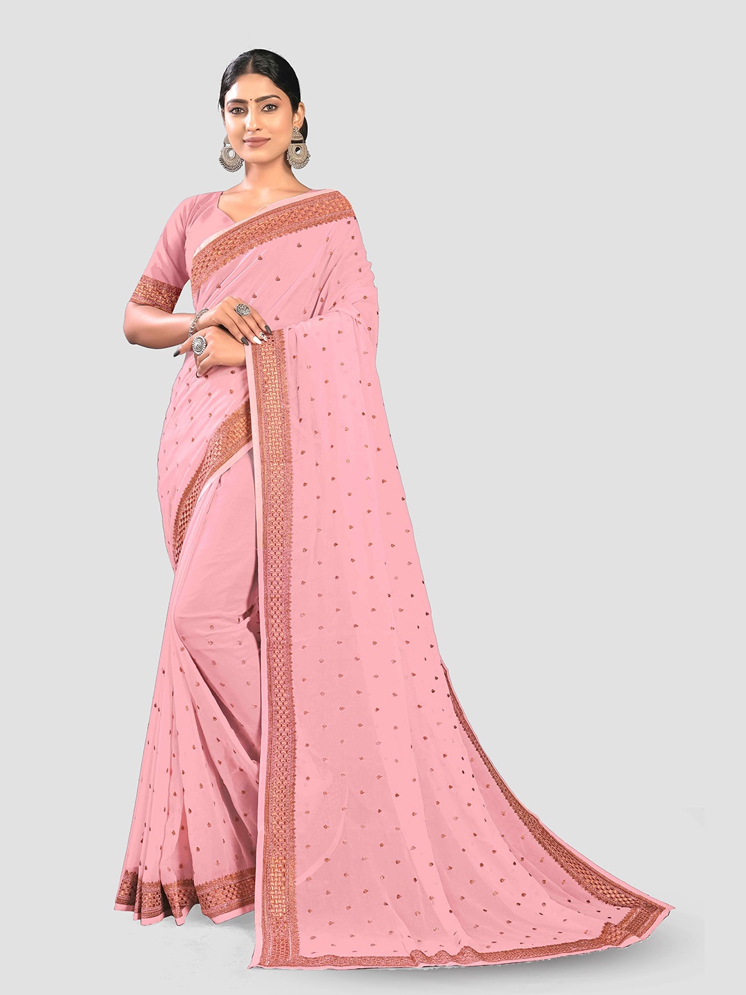 

KAJREE Ethnic Motifs Embroidered Pure Georgette Banarasi Saree, Pink