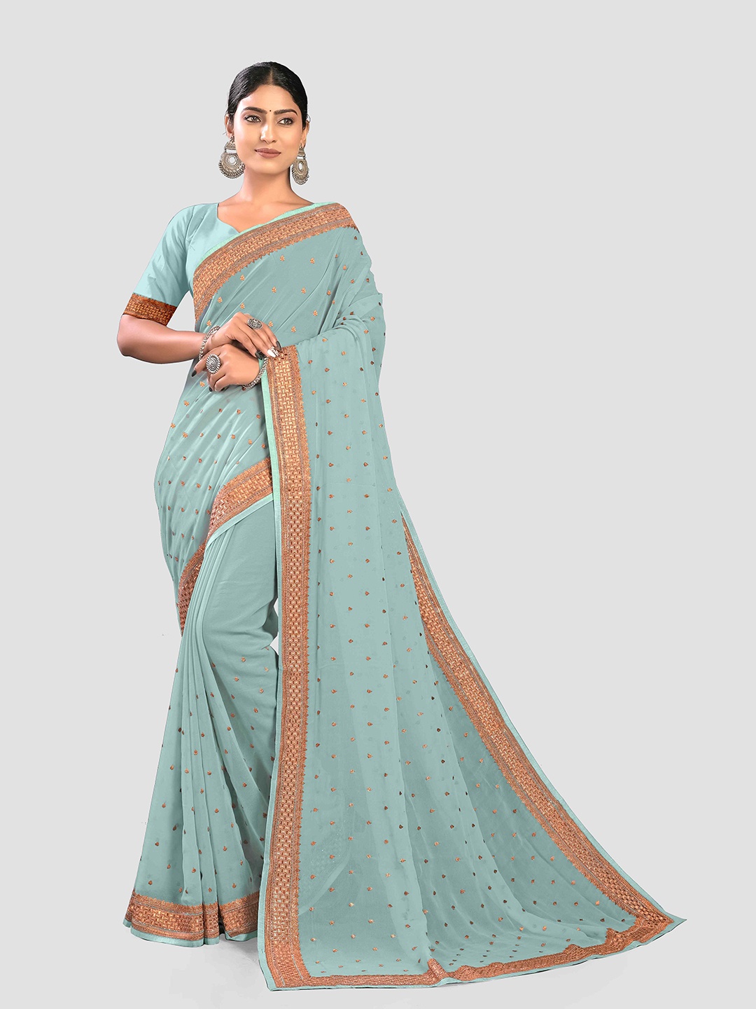 

KAJREE Ethnic Motifs Embroidered Pure Georgette Banarasi Saree, Teal