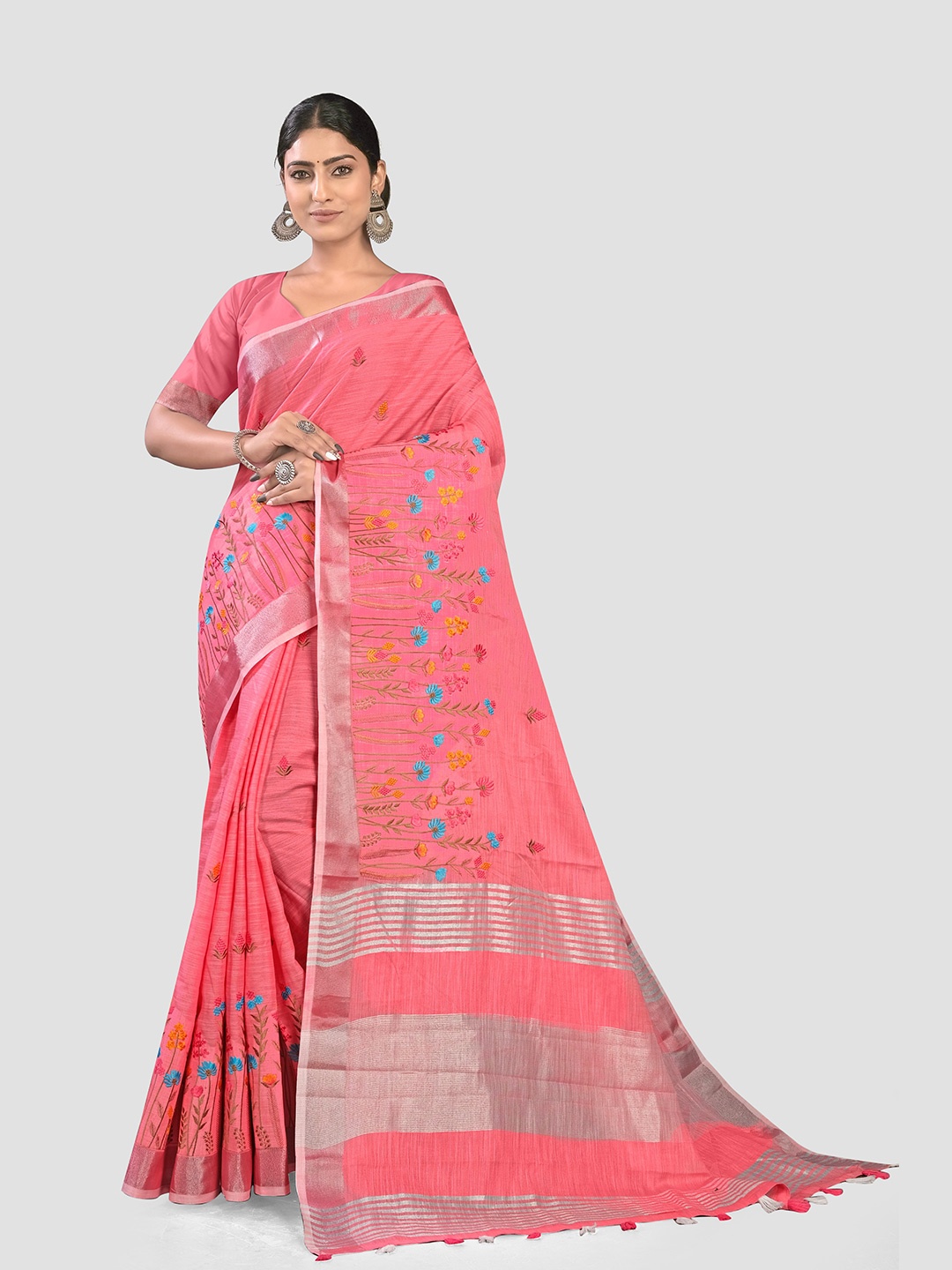 

KAJREE Ethnic Motifs Embroidered Pure Linen Bhagalpuri Saree, Peach